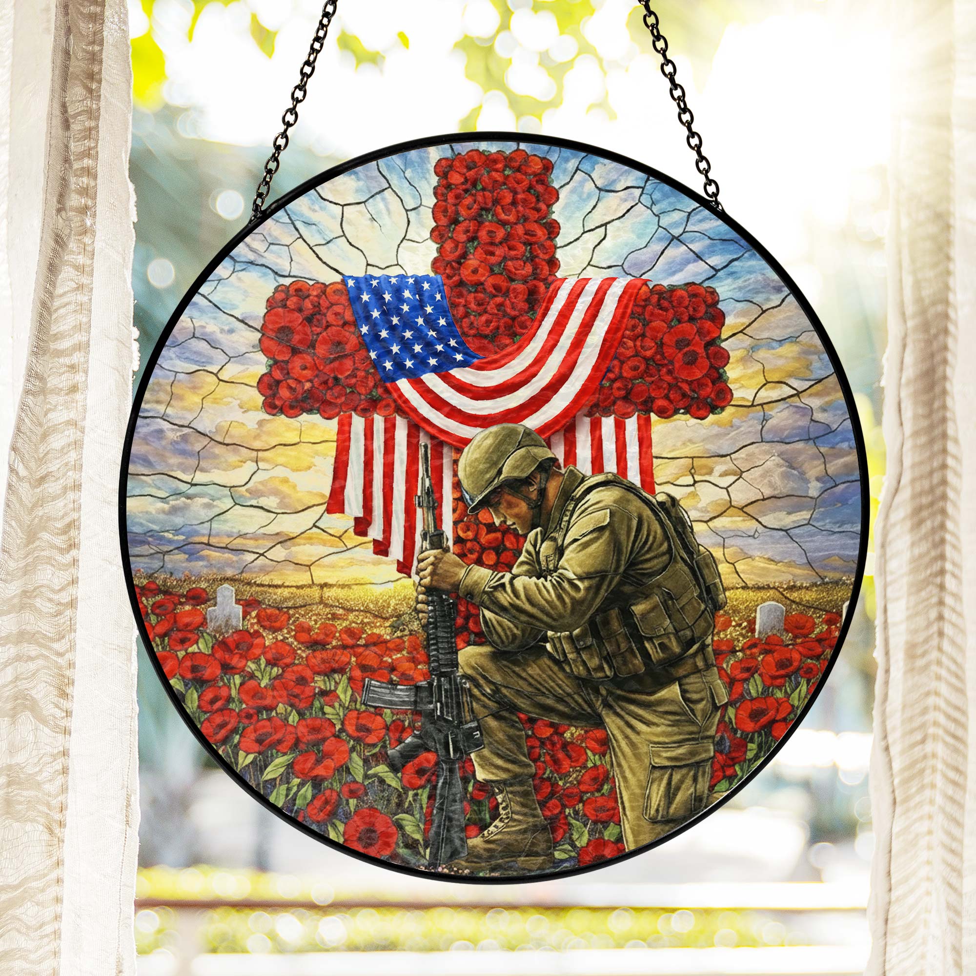 Memorial Day Red Flowers Cross Stained Glass Suncatcher Veterans Decor