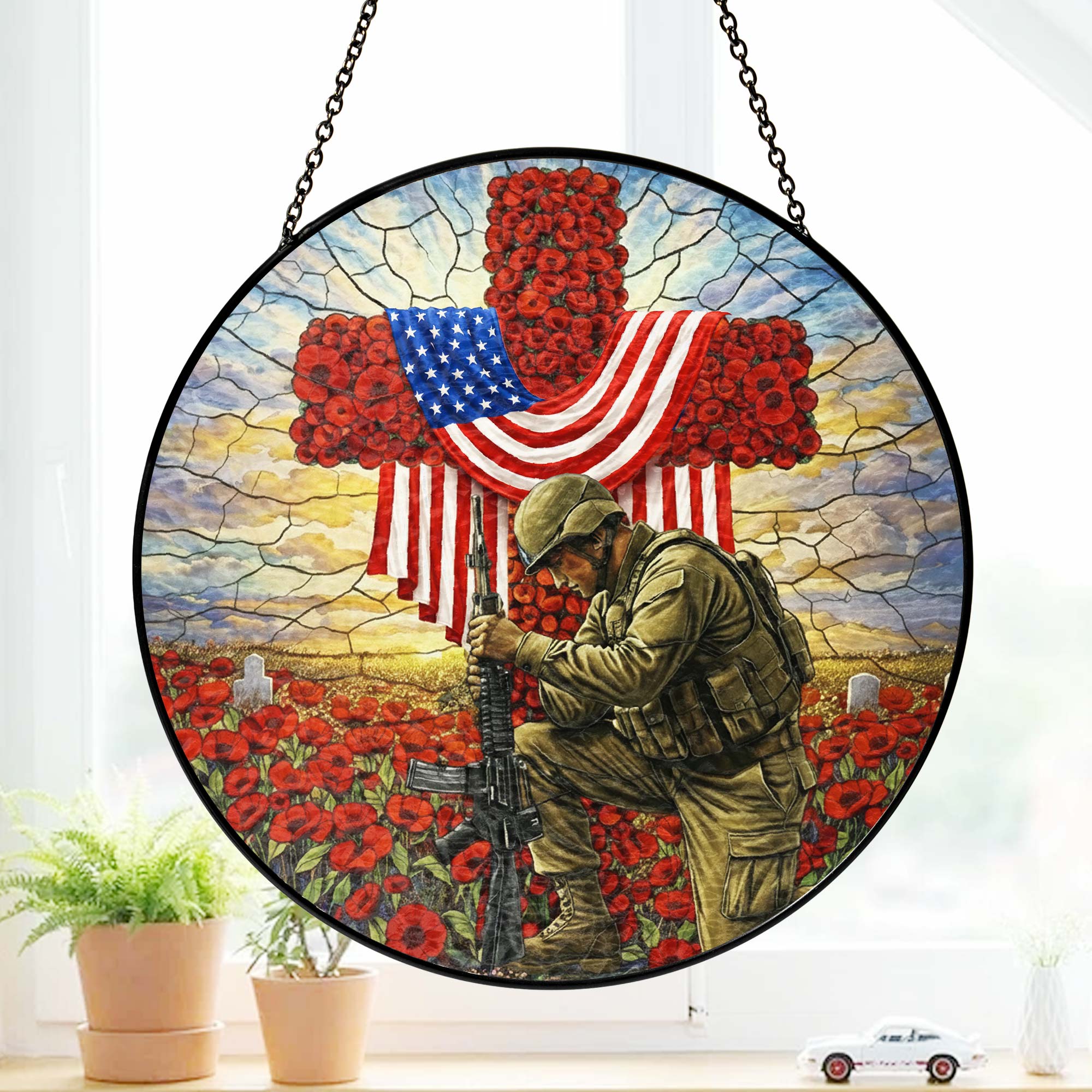 Memorial Day Red Flowers Cross Stained Glass Suncatcher Veterans Decor
