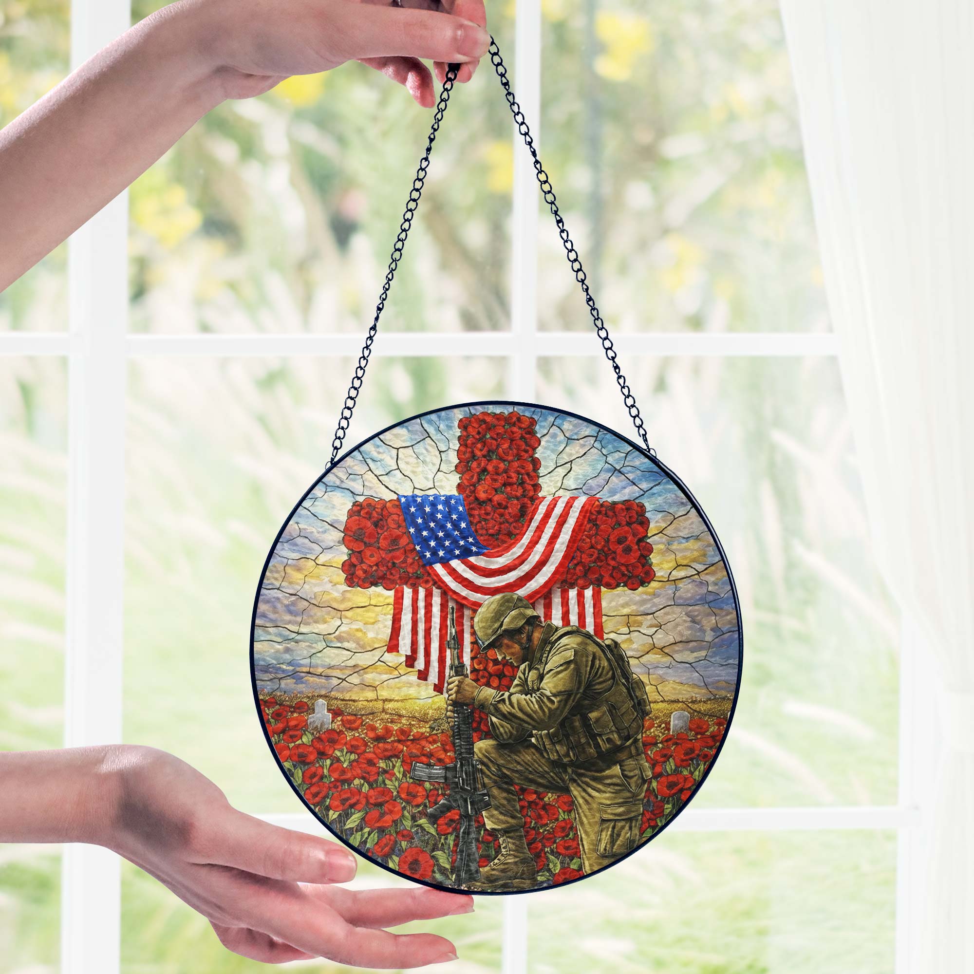 Memorial Day Red Flowers Cross Stained Glass Suncatcher Veterans Decor