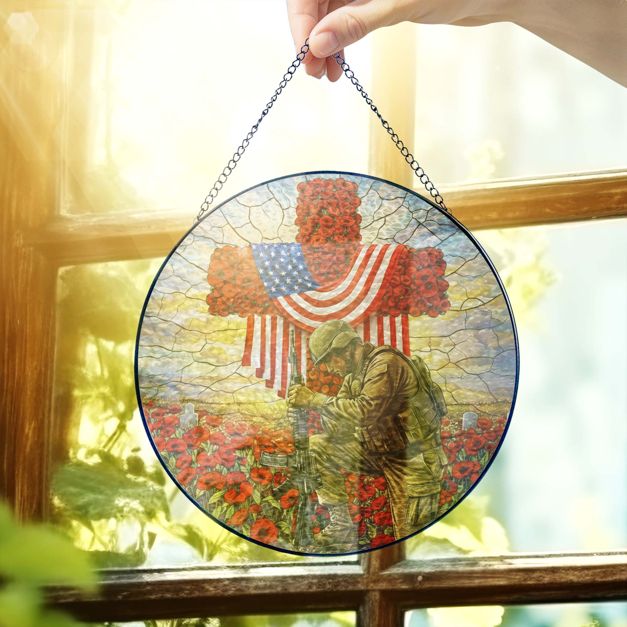 Memorial Day Red Flowers Cross Stained Glass Suncatcher Veterans Decor