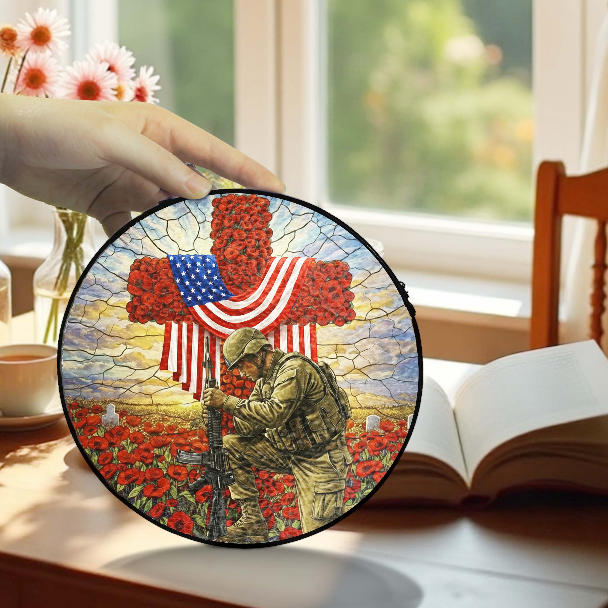 Memorial Day Red Flowers Cross Stained Glass Suncatcher Veterans Decor