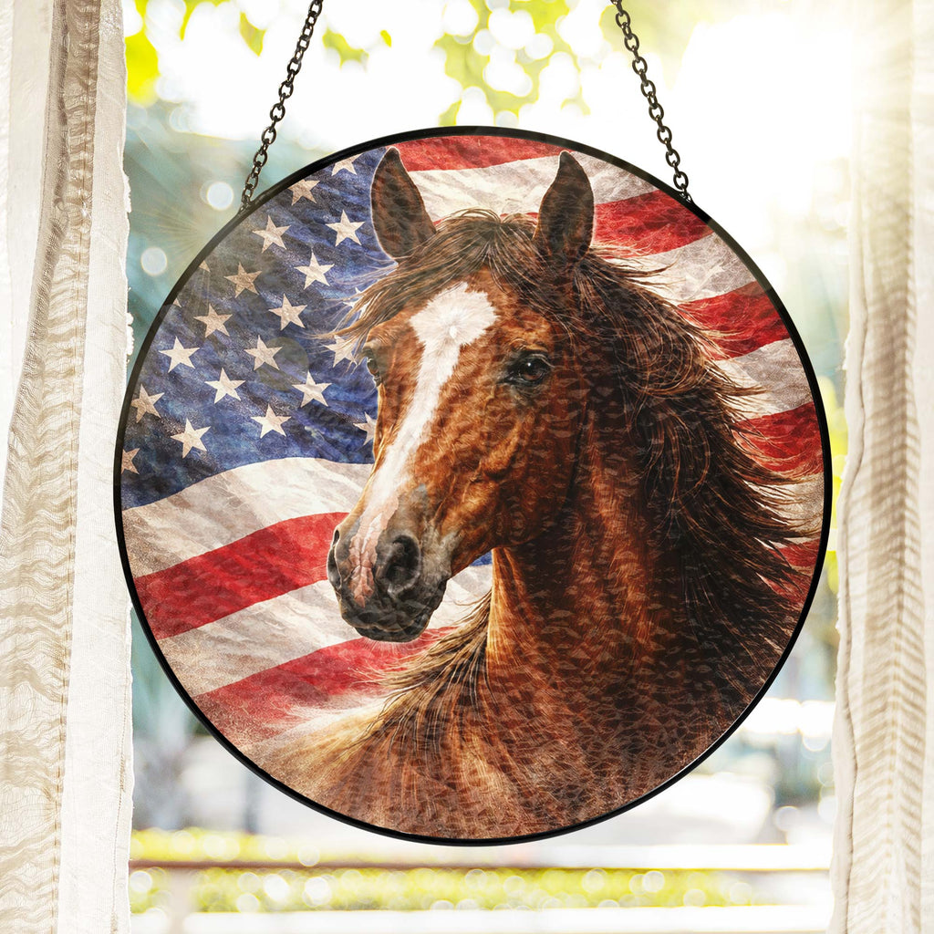 American Horse Stained Glass Suncatcher Hanging for Patriotic Decoration