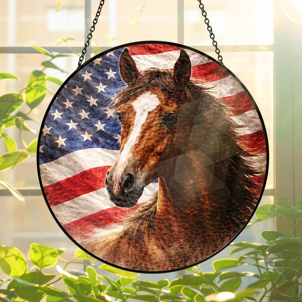 American Horse Stained Glass Suncatcher Hanging for Patriotic Decoration