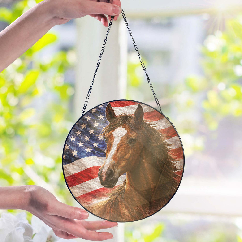 American Horse Stained Glass Suncatcher Hanging for Patriotic Decoration