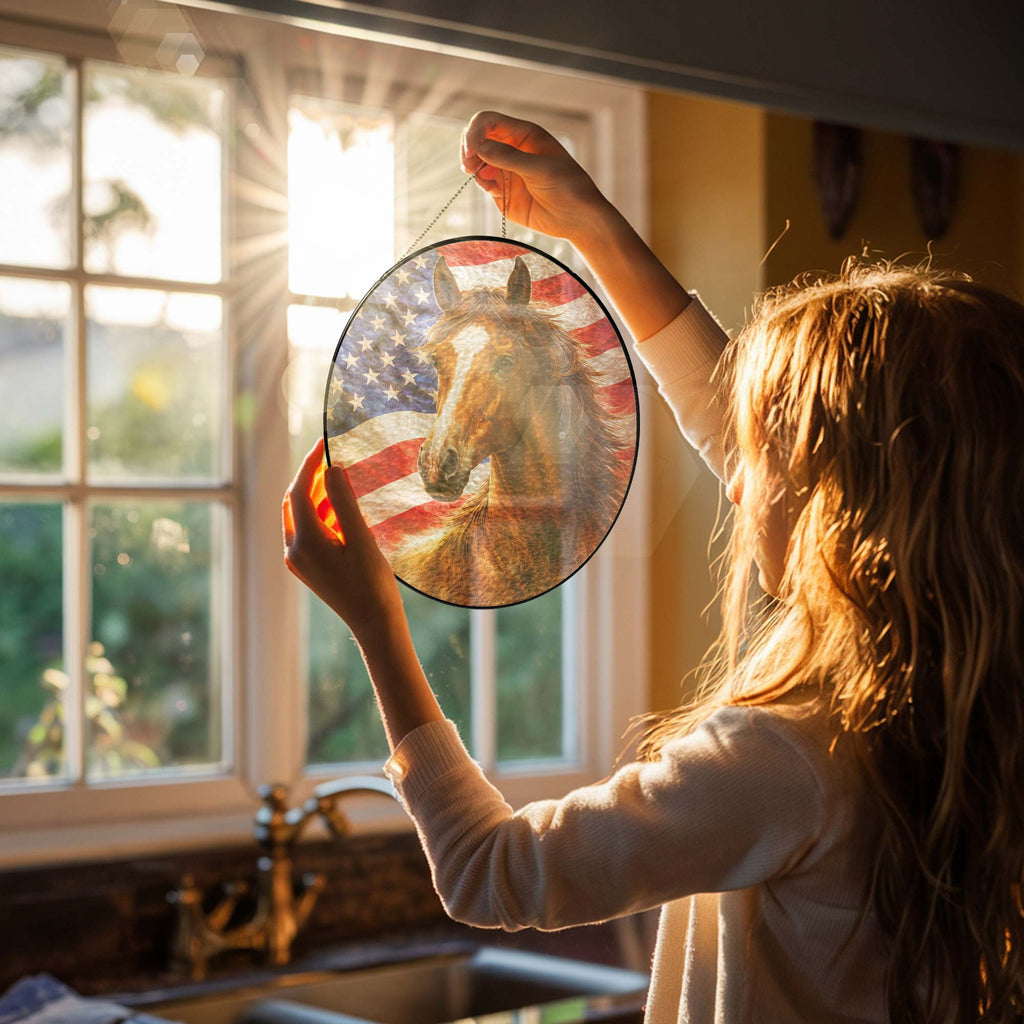 American Horse Stained Glass Suncatcher Hanging for Patriotic Decoration