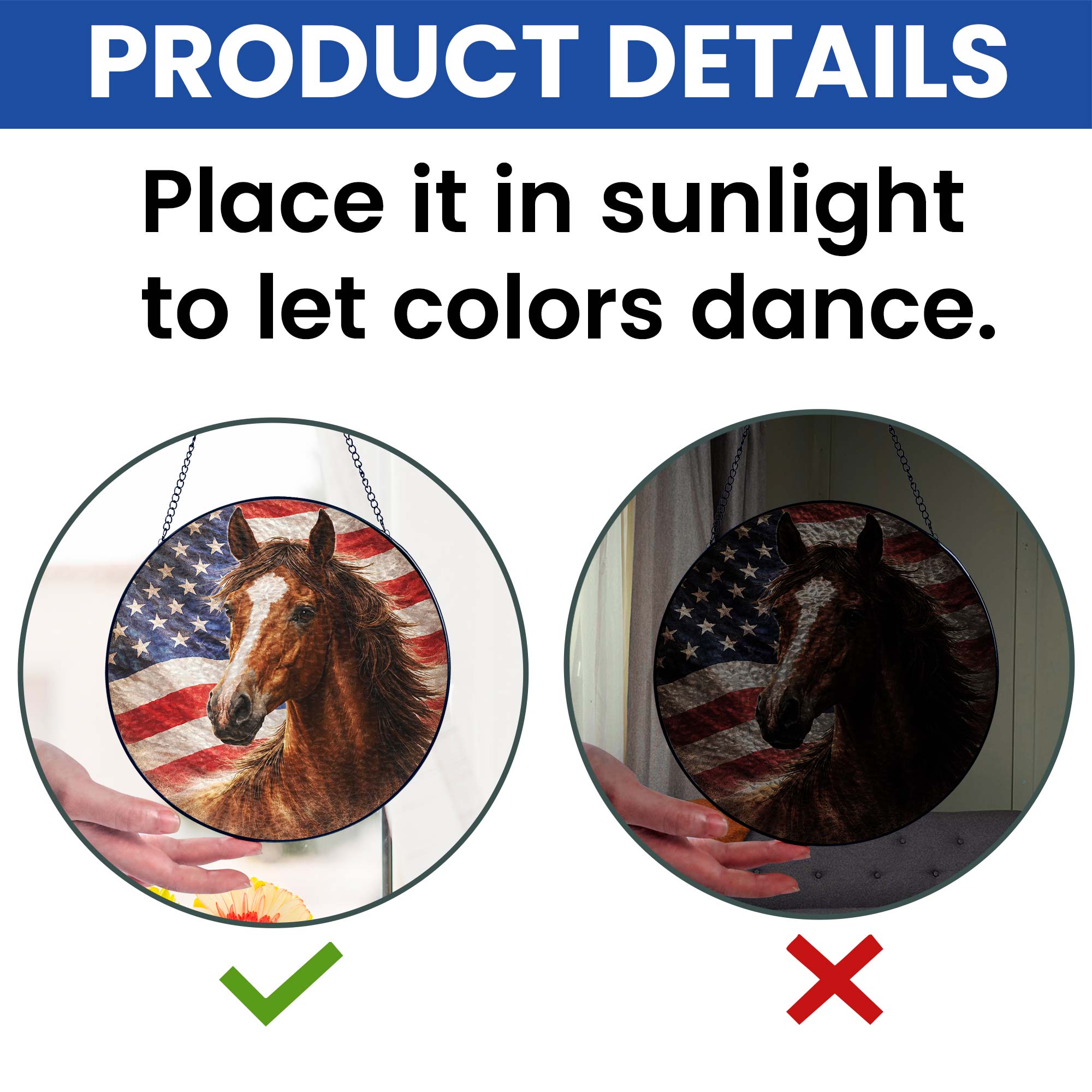 American Horse Stained Glass Suncatcher Hanging for Patriotic Decoration