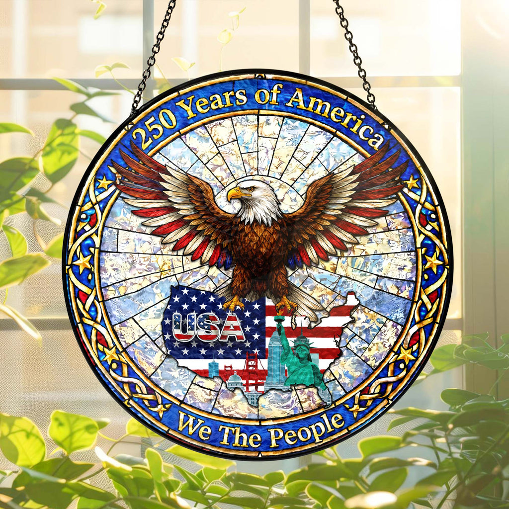 250 Years of America Patriotic Eagle Maps USA Stained Glass Suncatcher