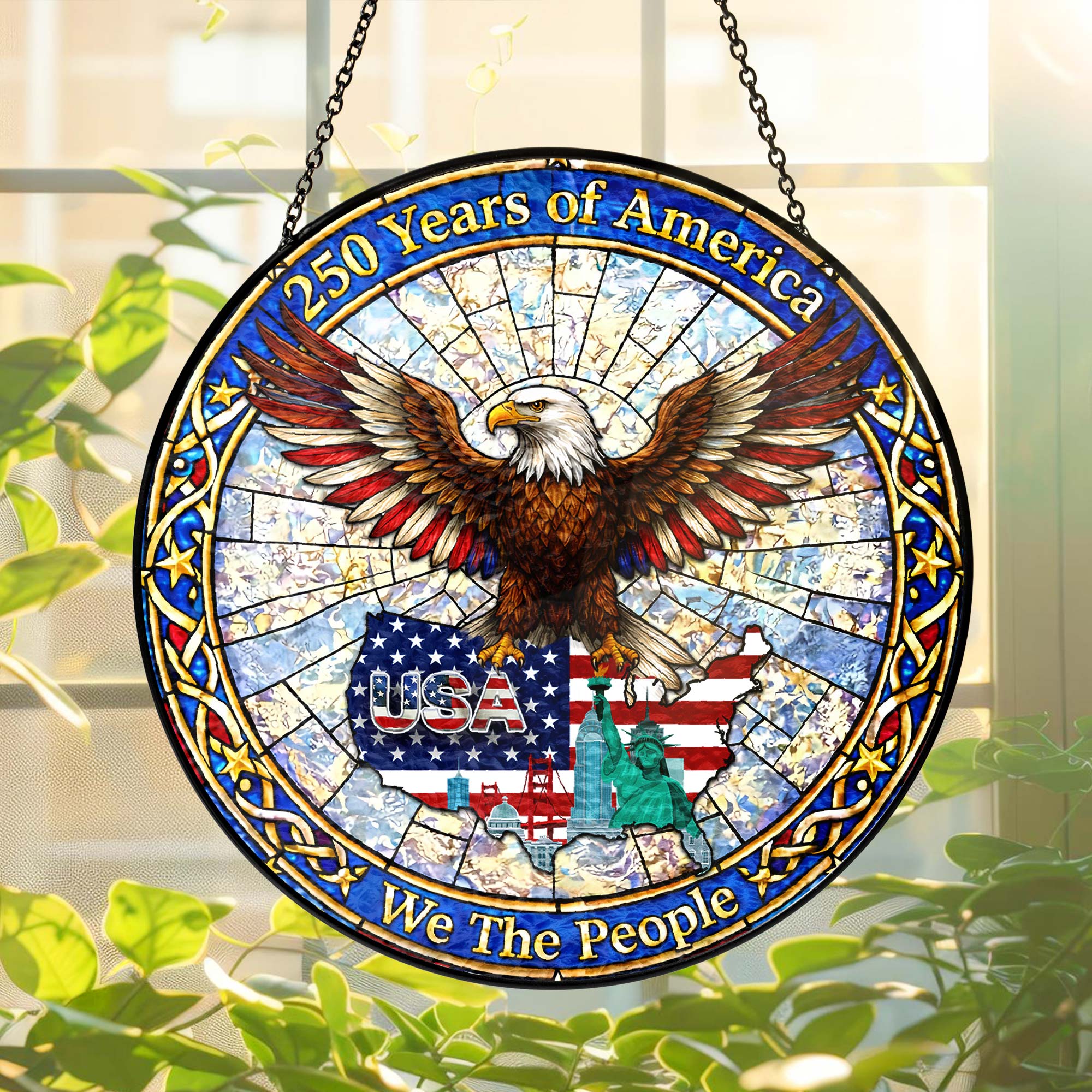 250 Years of America Patriotic Eagle Maps USA Stained Glass Suncatcher