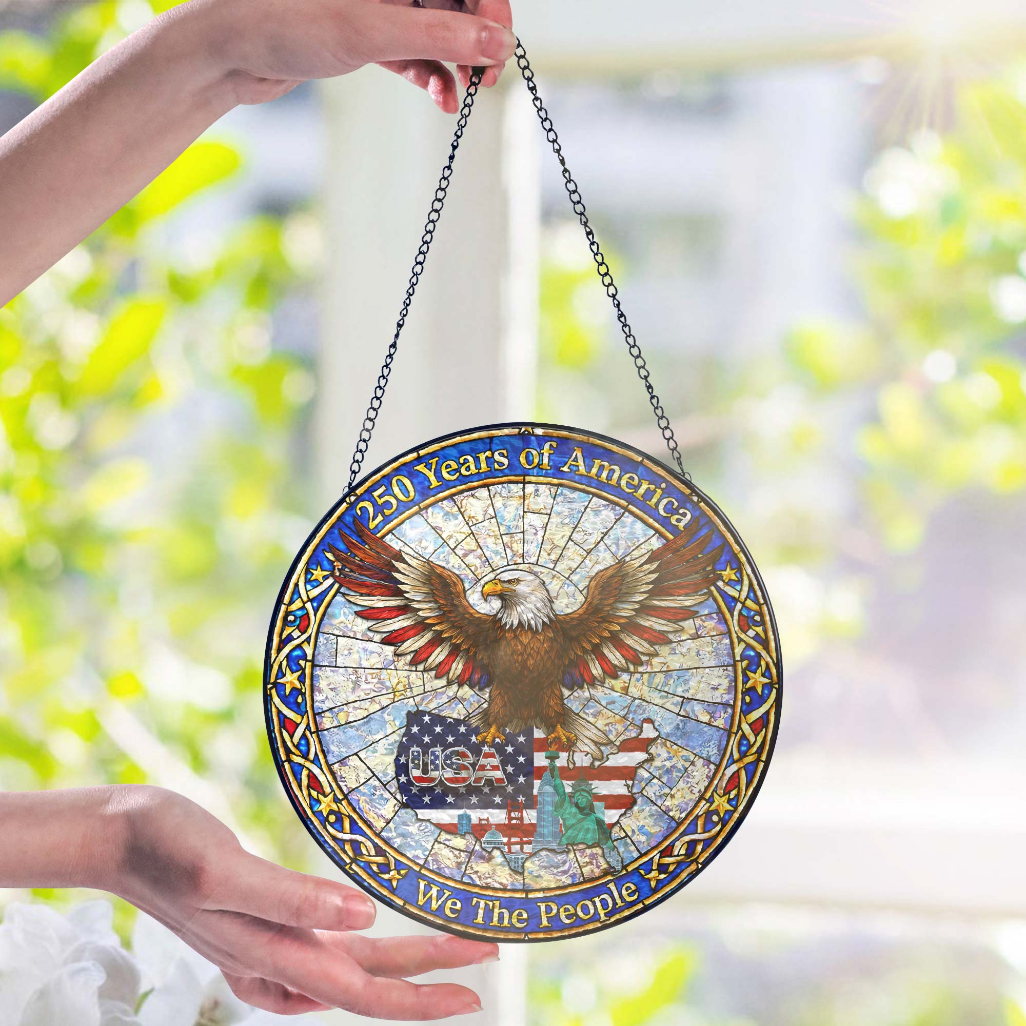 250 Years of America Patriotic Eagle Maps USA Stained Glass Suncatcher