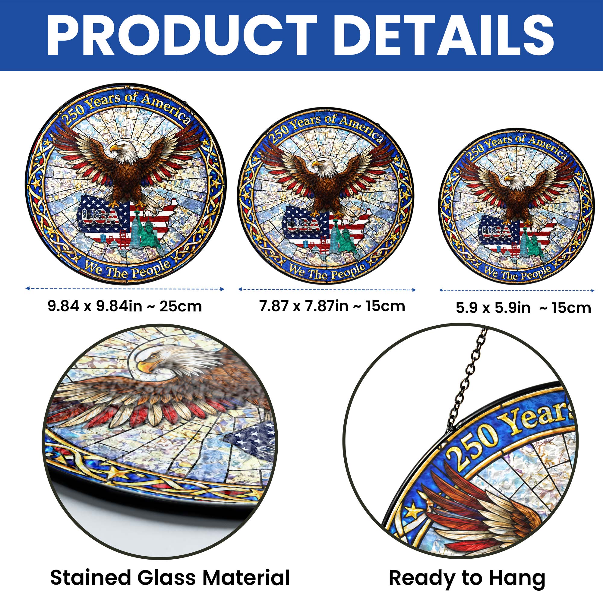 250 Years of America Patriotic Eagle Maps USA Stained Glass Suncatcher