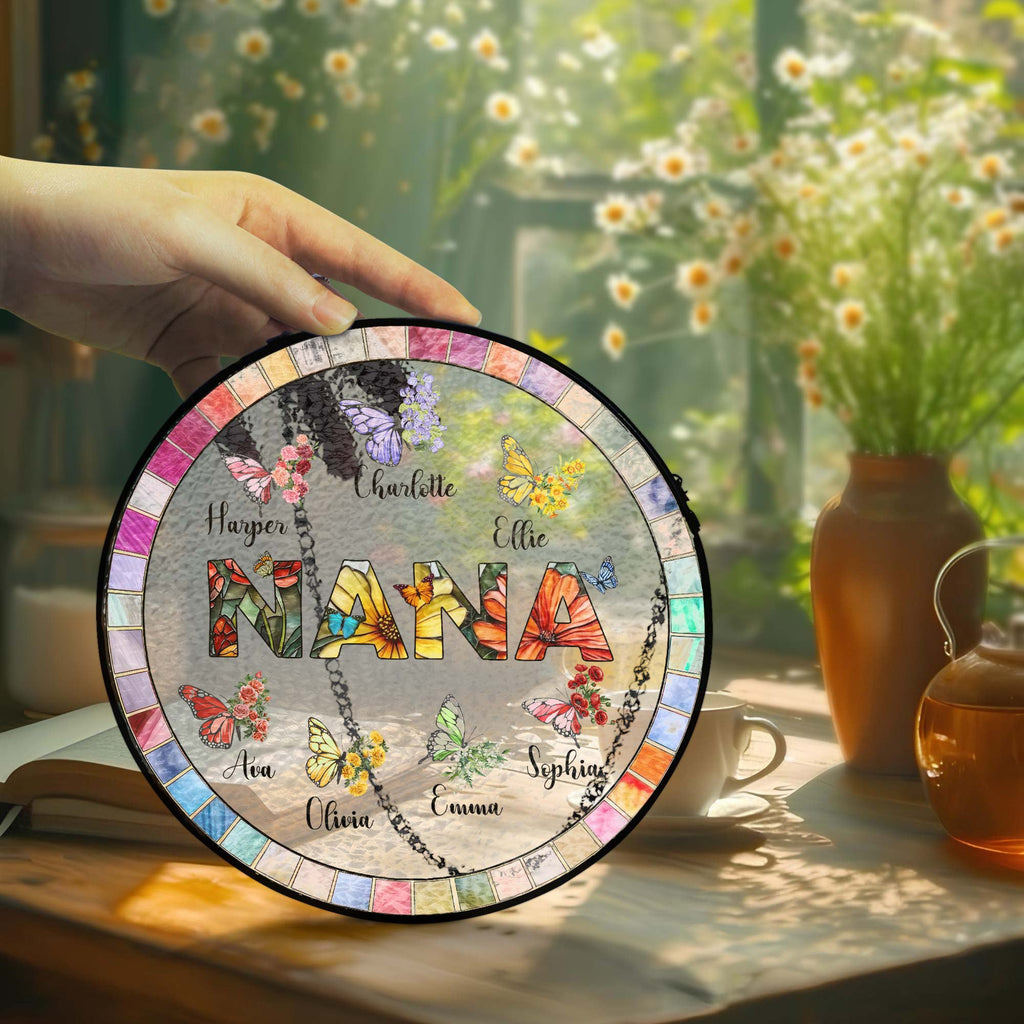 Personalized Nana Stained Glass Suncatcher. Gift for Grandma. Custom Butterfly & Birth Month Flower with Grandkid's Names