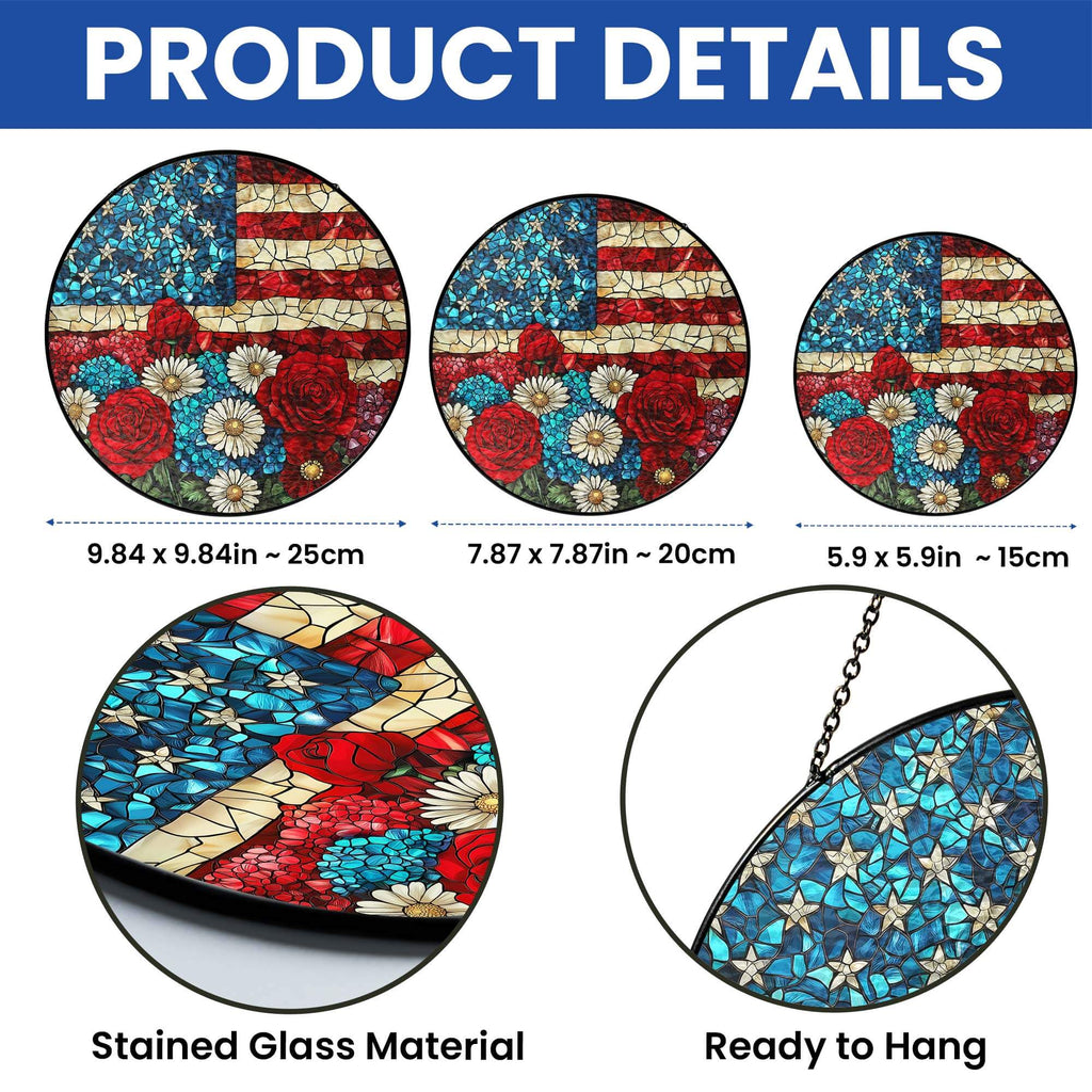 Flagwix American Flag - Patriotic Floral USA Flag Stained Glass Suncatcher Window Decor