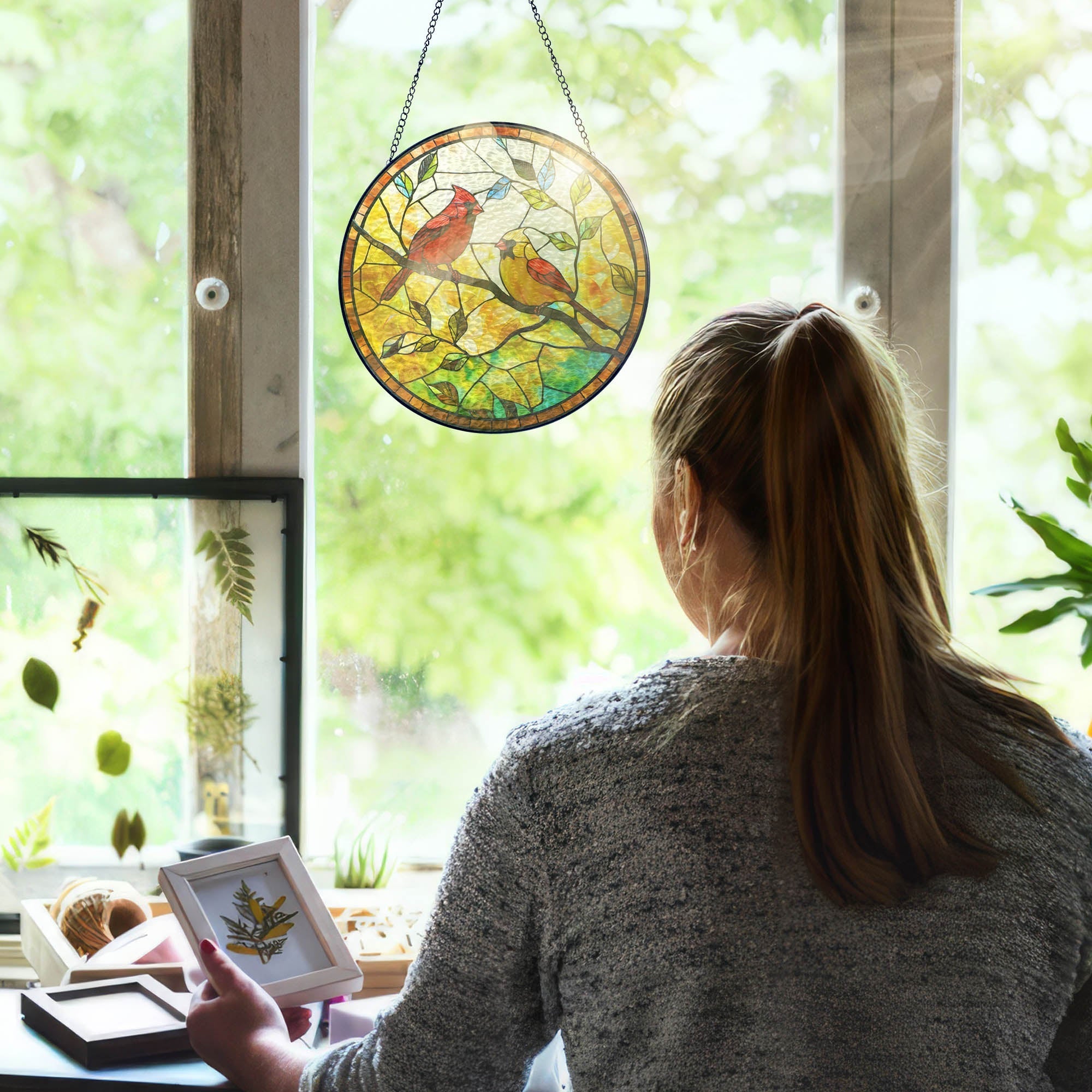 Couple Cardinal Stained Glass Suncatcher Gifts for Mom. Grandma. Gardening Decor 3-Day Shipping