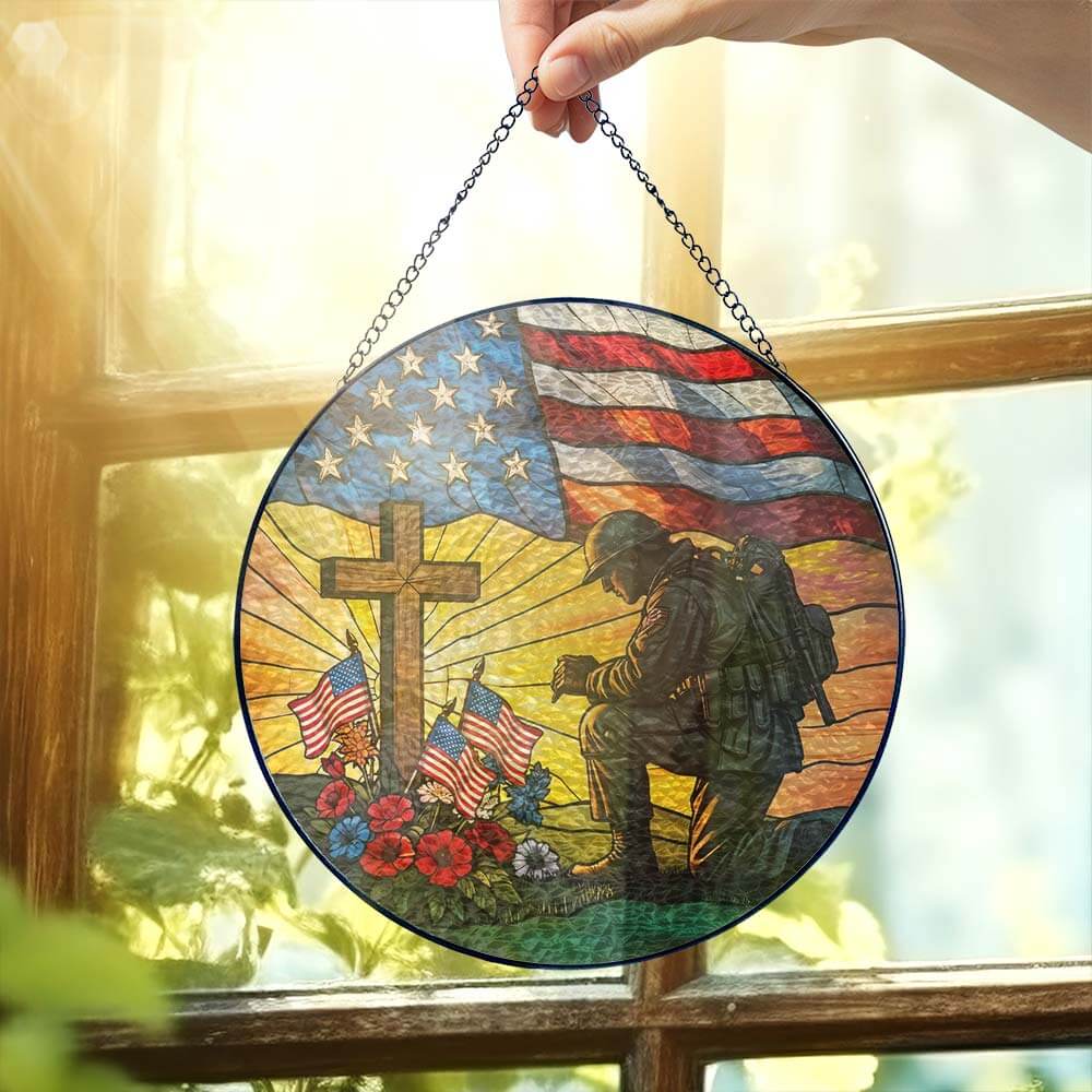 Patriotic Kneeling Soldier Memorial Day Veteran Day Stained Glass Suncatcher
