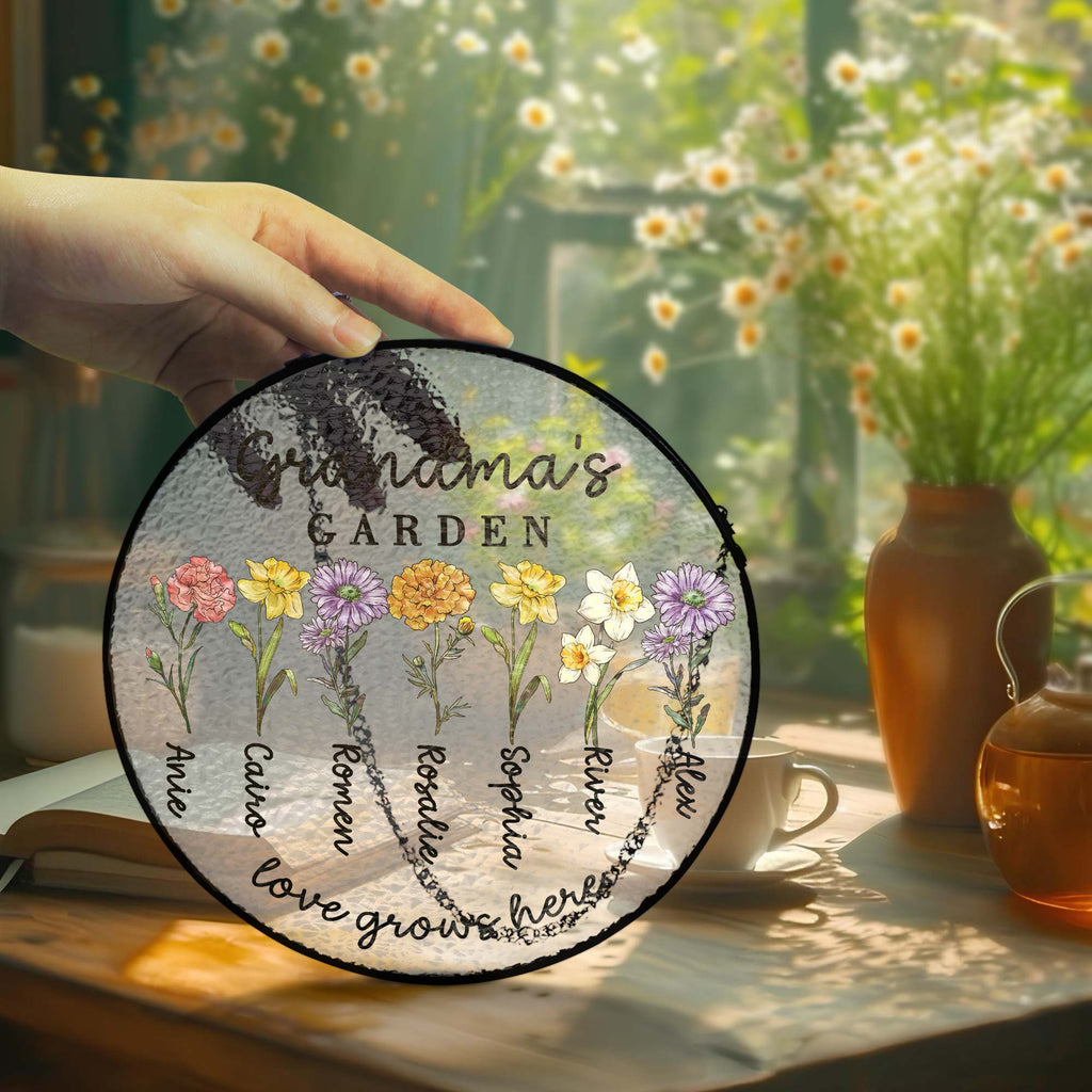 Custom Family Birth Flowers Glass Suncatcher. Personalized Grandma's Garden Gift