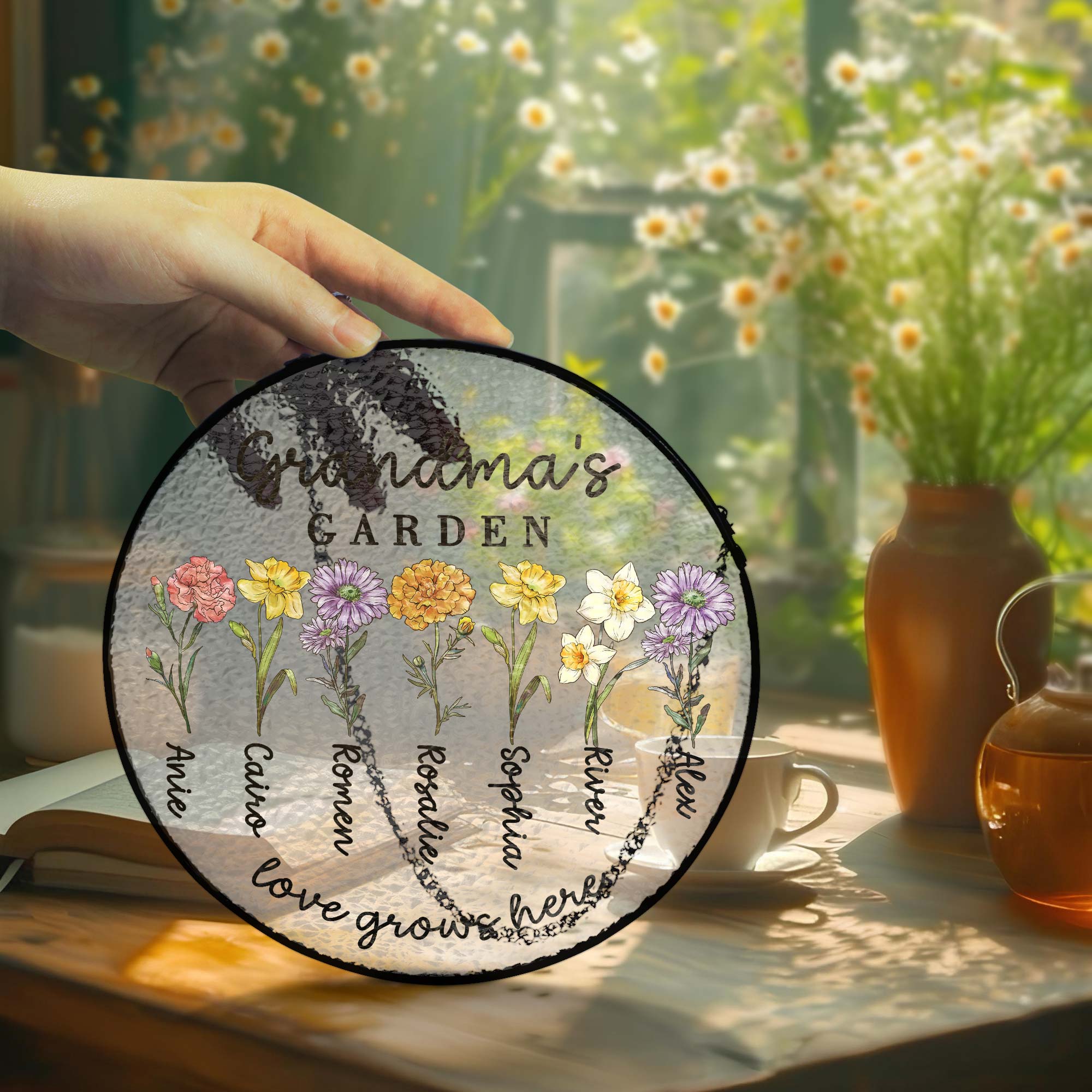 Custom Family Birth Flowers Glass Suncatcher. Personalized Grandma's Garden Gift
