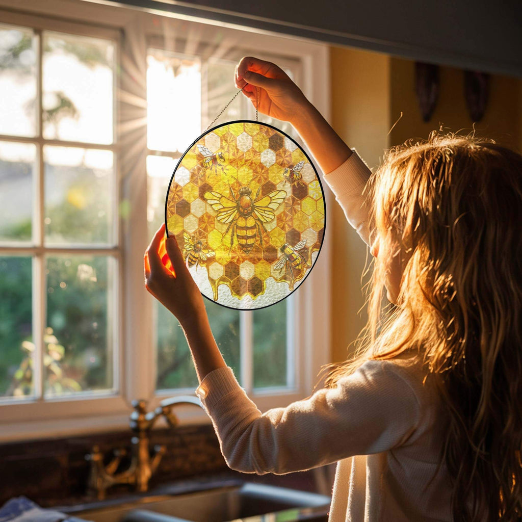 Honeycomb Bee Stained Glass Suncatcher