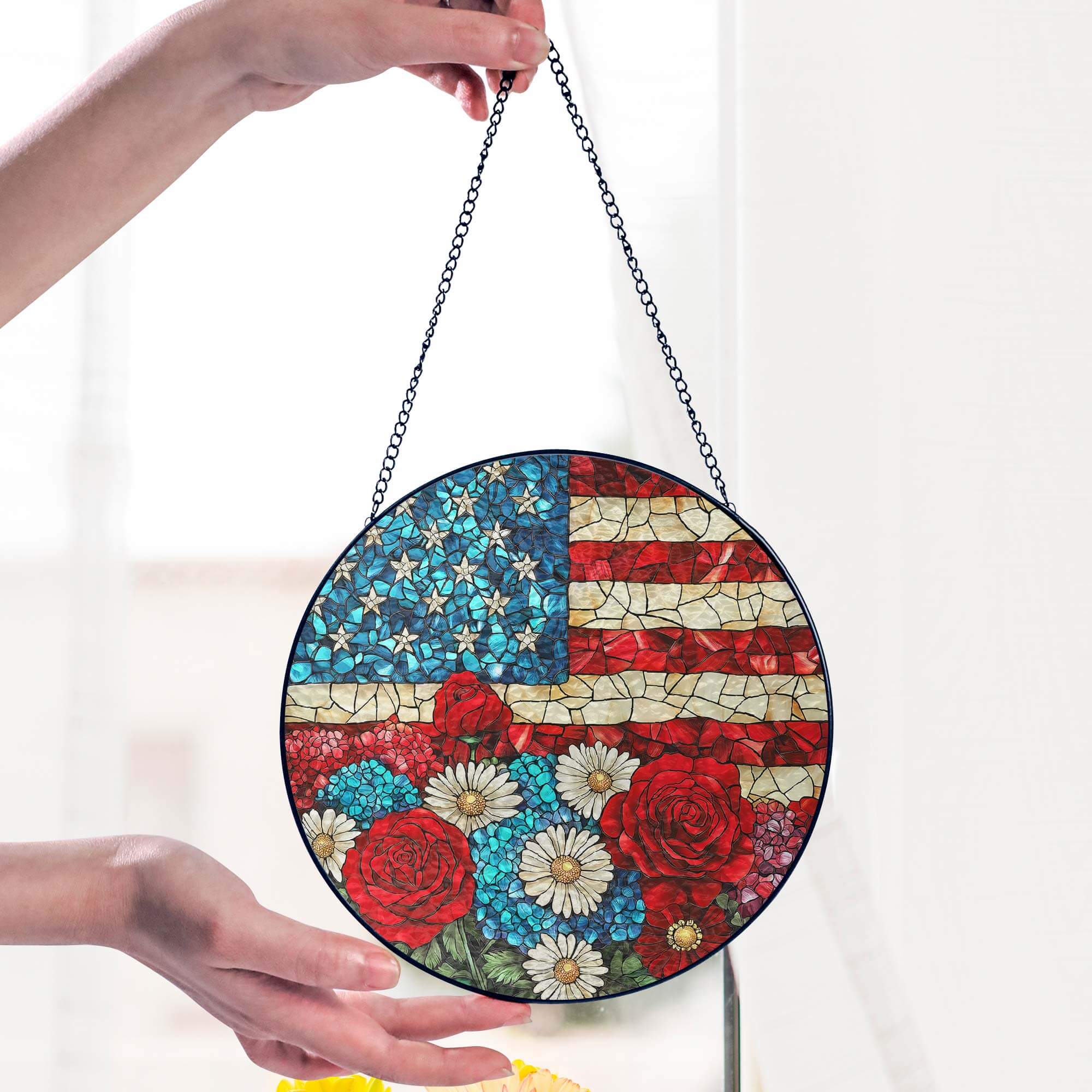 Flagwix American Flag - Patriotic Floral USA Flag Stained Glass Suncatcher Window Decor