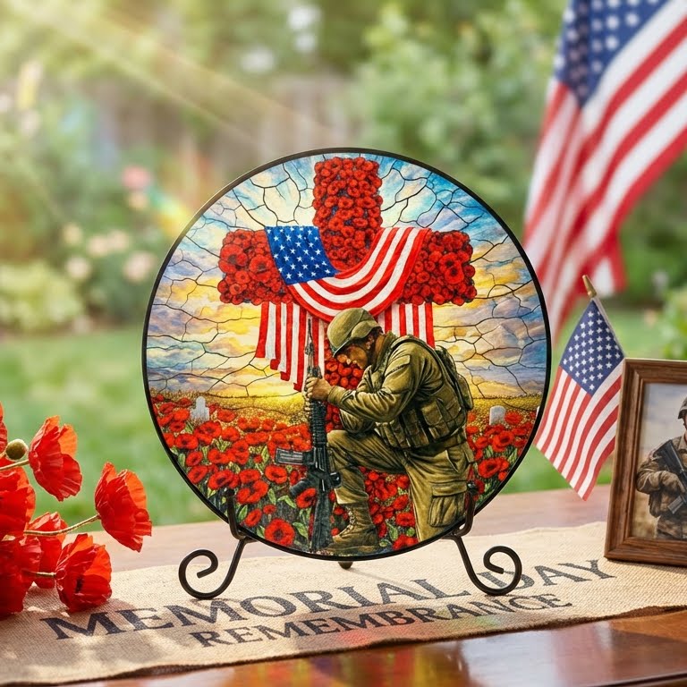 Memorial Day Red Flowers Cross Stained Glass Suncatcher Veterans Decor