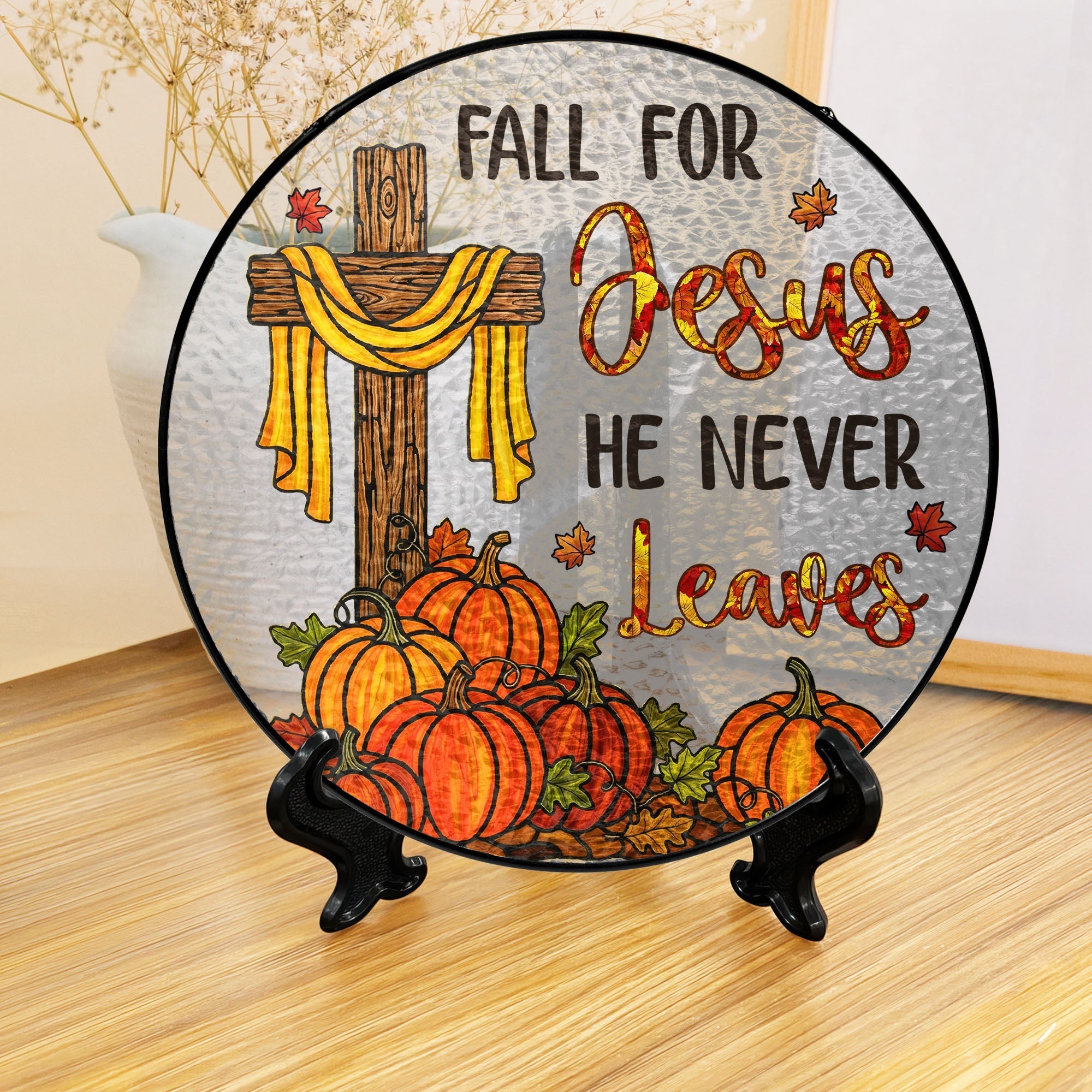Jesus Cross Fall for Jesus He Never Leaves Thanksgiving Stained Glass Suncatcher 3-Day Shipping
