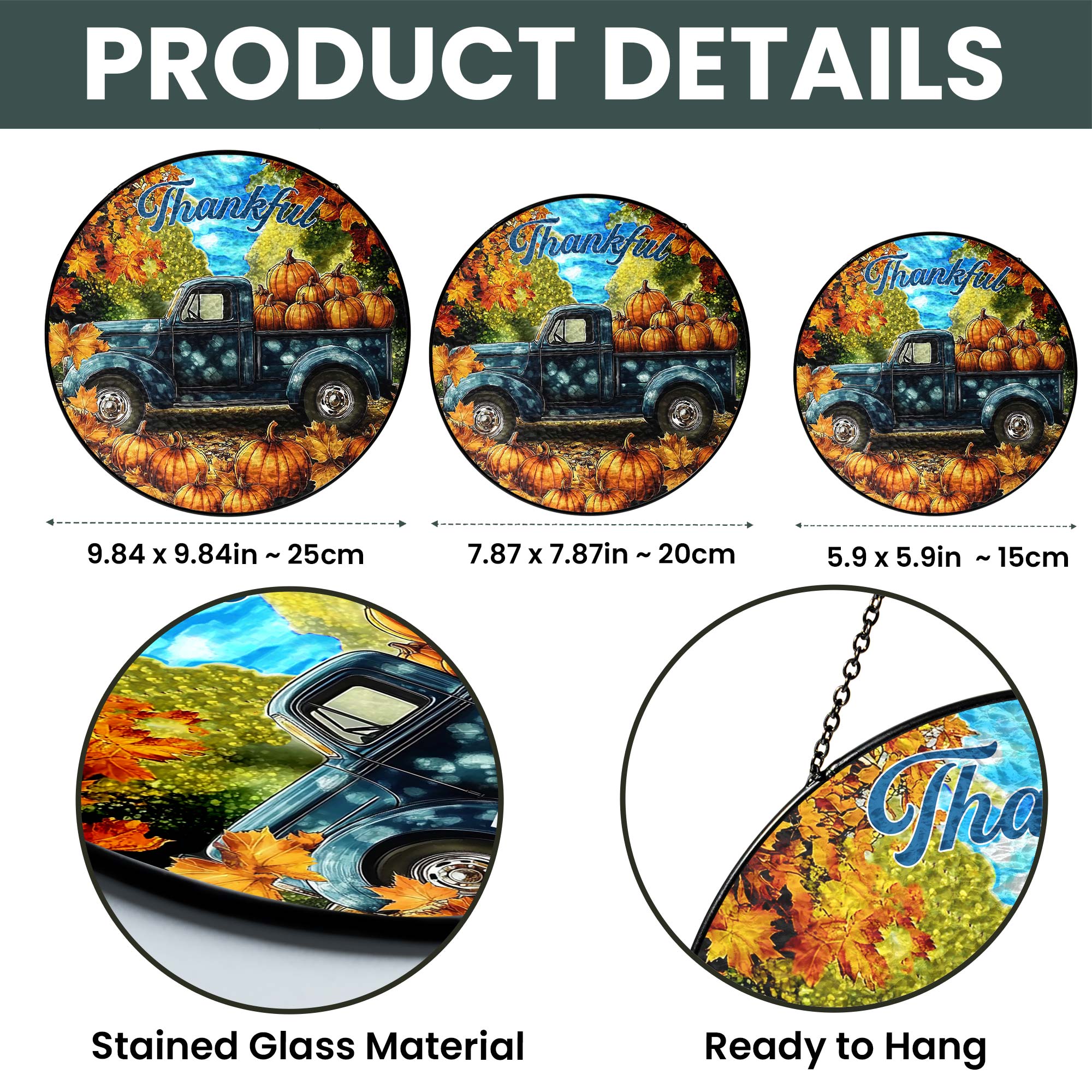 Fall Truck Pumpkins Thanksful Stained Glass Suncatcher 3-Day Shipping