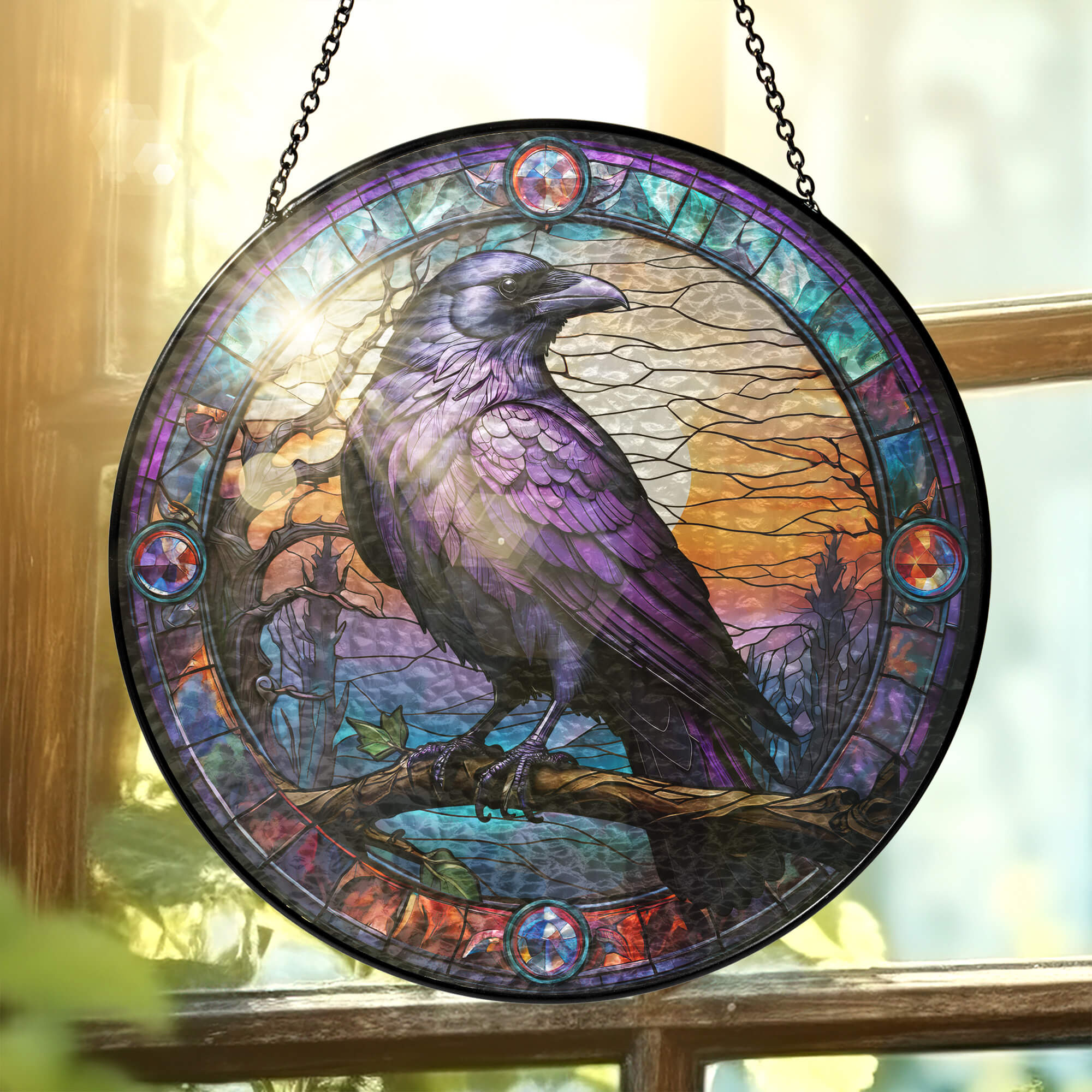 Raven Stained Glass Suncatcher - Spiritual Gothic Window Hanging for Home Decor 3-Day Shipping