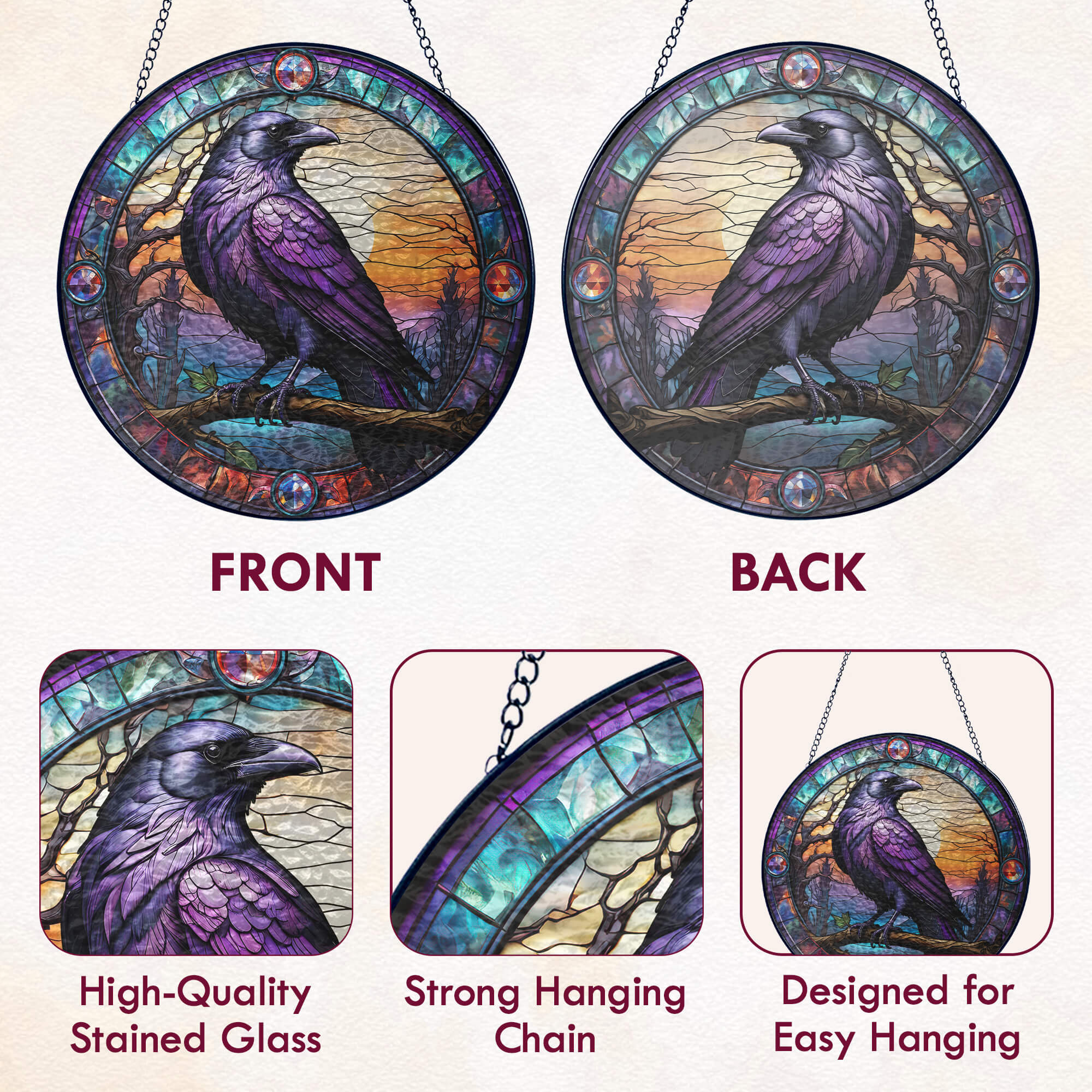 Raven Stained Glass Suncatcher - Spiritual Gothic Window Hanging for Home Decor 3-Day Shipping