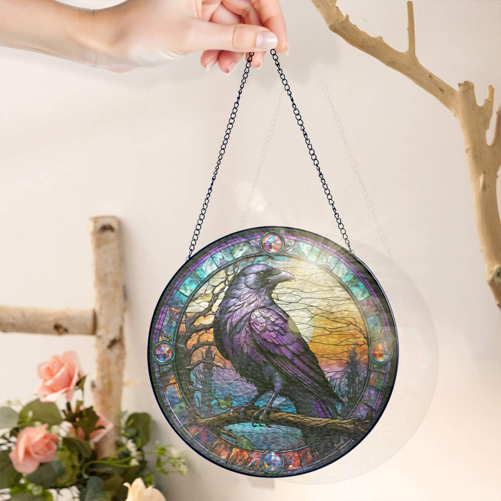 Raven Stained Glass Suncatcher - Spiritual Gothic Window Hanging for Home Decor 3-Day Shipping