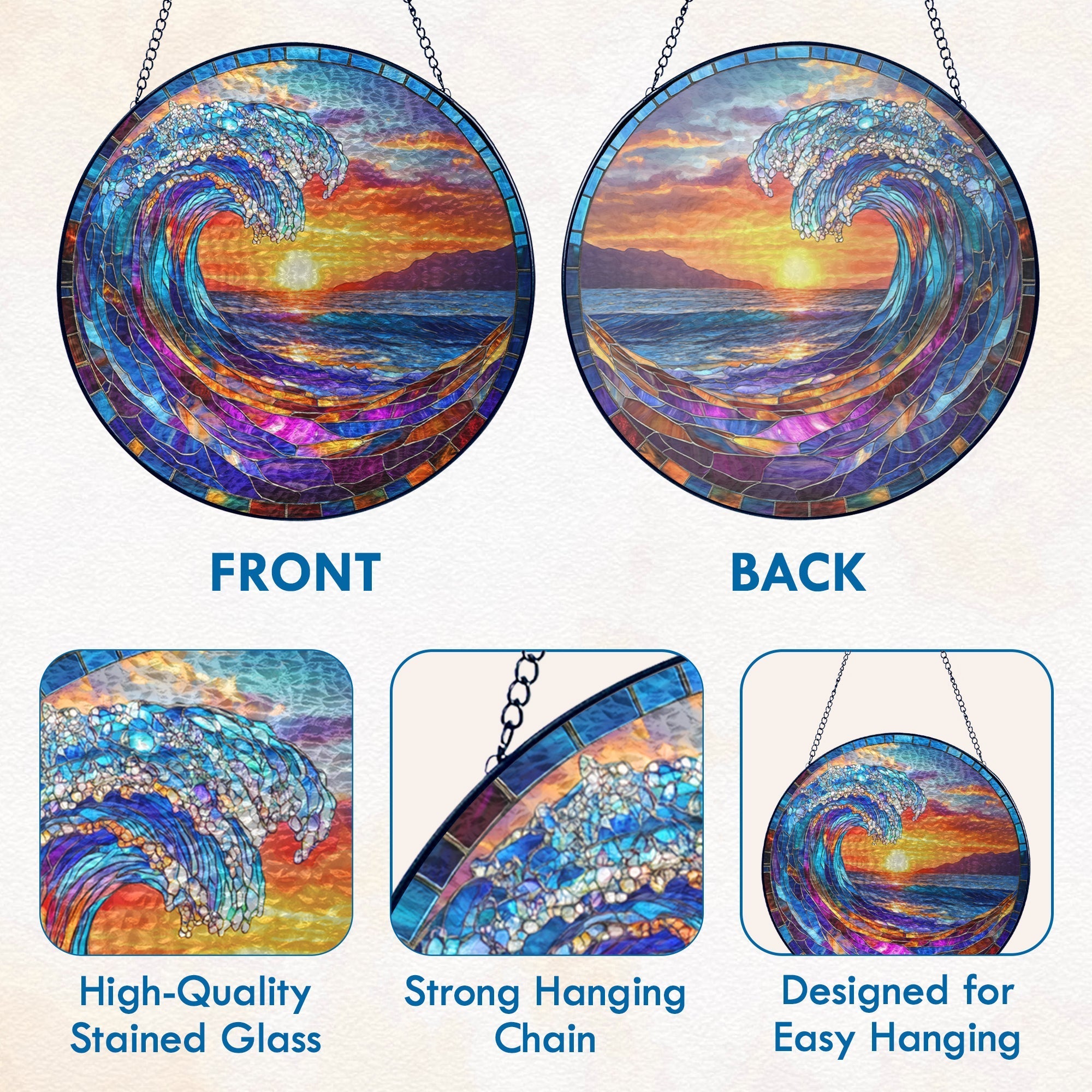 Ocean Wave Stained Glass Suncatcher - Beach Sunset Window Hanging for Coastal Home Decor 3-Day Shipping
