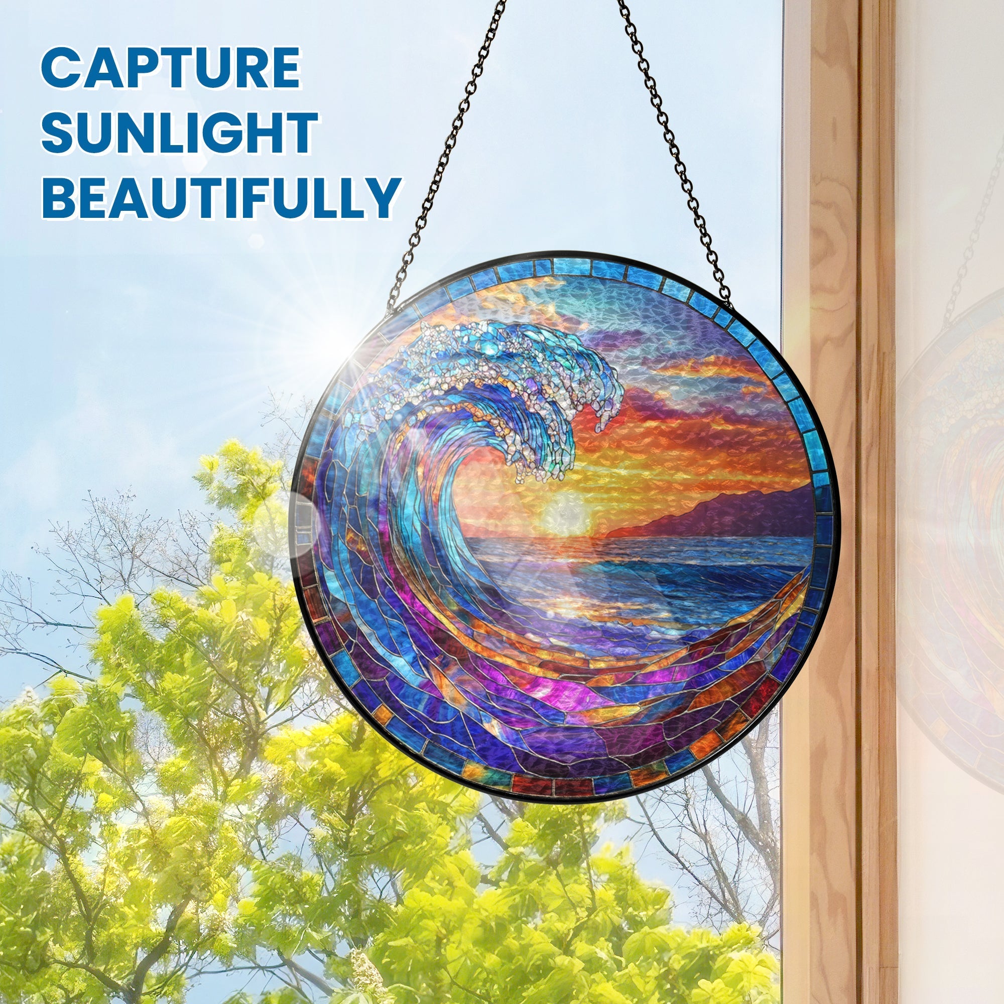 Ocean Wave Stained Glass Suncatcher - Beach Sunset Window Hanging for Coastal Home Decor 3-Day Shipping