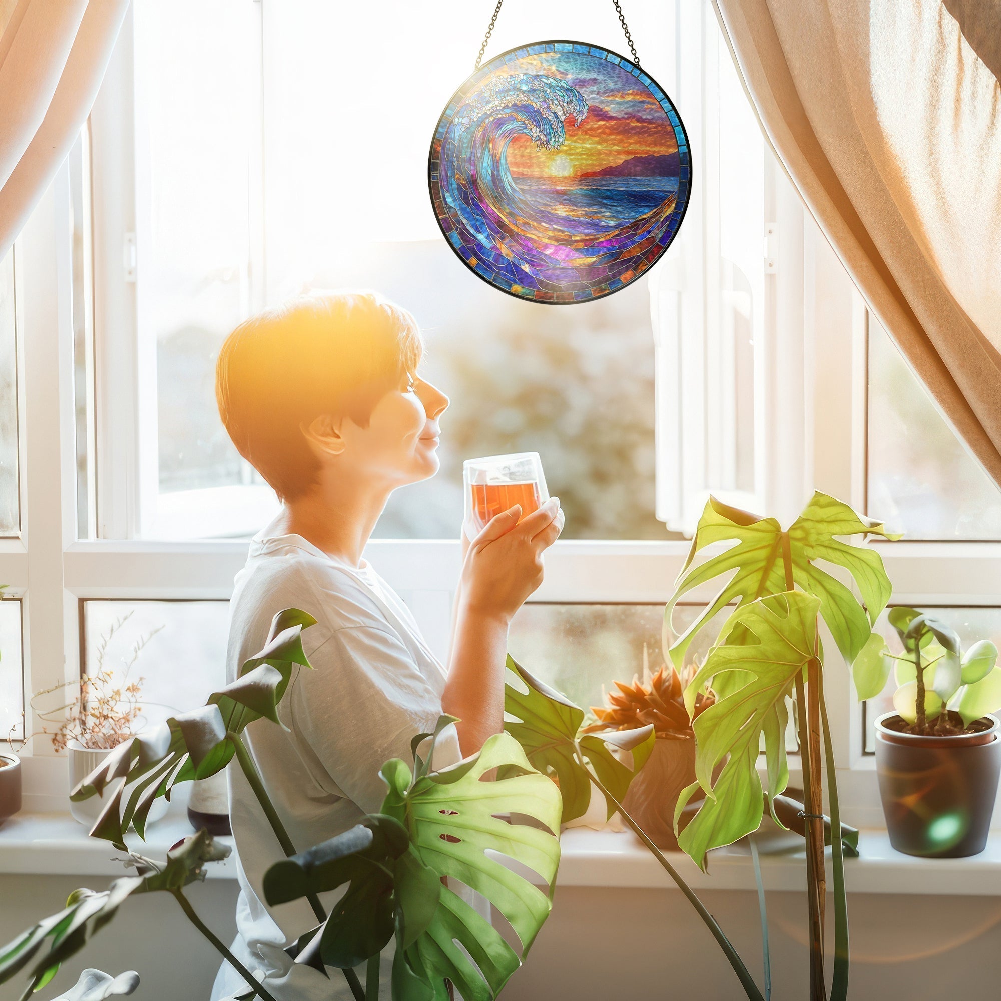 Ocean Wave Stained Glass Suncatcher - Beach Sunset Window Hanging for Coastal Home Decor 3-Day Shipping