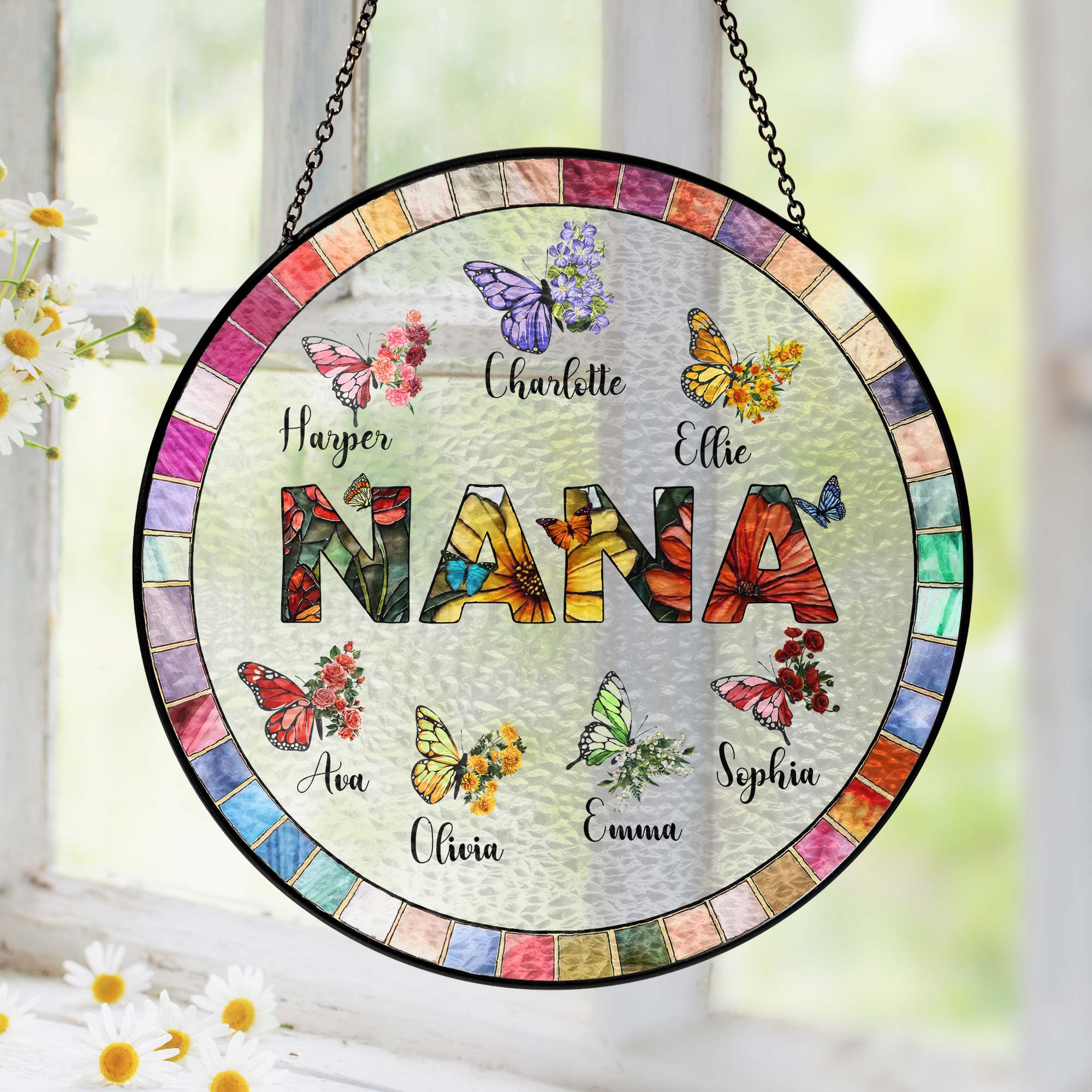Personalized Nana Stained Glass Suncatcher. Gift for Grandma. Custom Butterfly & Birth Month Flower with Grandkid's Names
