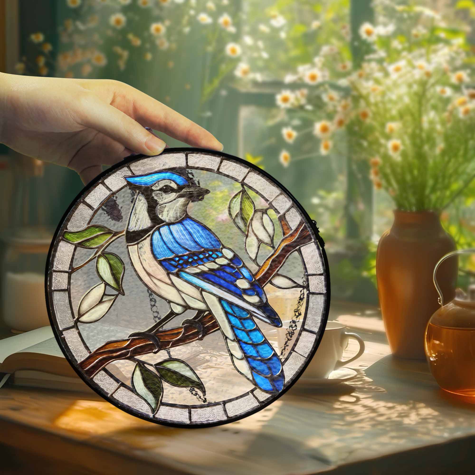 Blue Jay Birdwatching Stained Glass Suncatcher