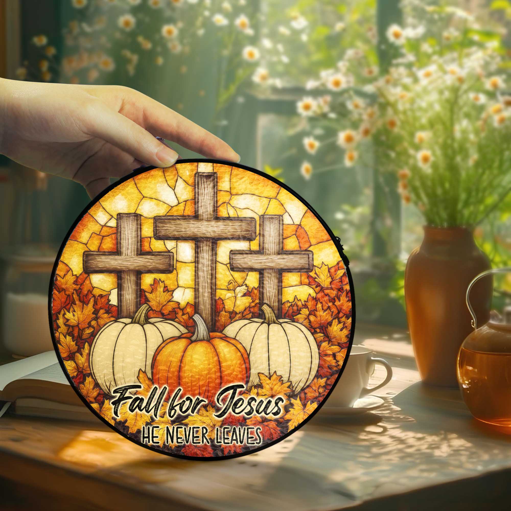 Fall for Jesus He Never Leaves Cross Pumpkin Autumn Stained Glass Suncatcher