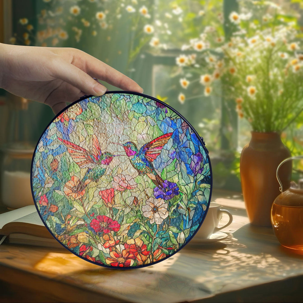 Hummingbirds In Flower Garden Hummingbird Stained Glass Suncatcher
