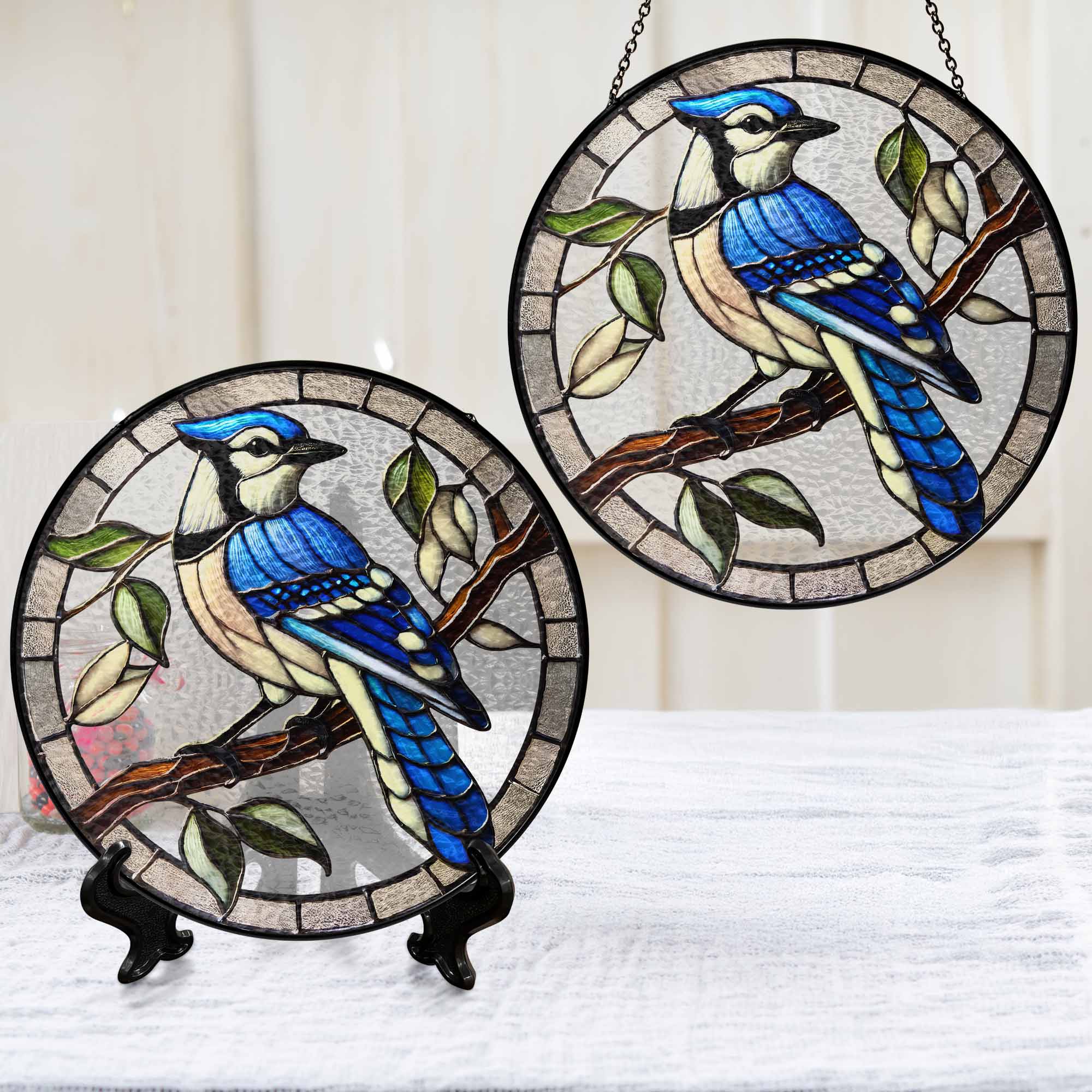 Blue Jay Birdwatching Stained Glass Suncatcher