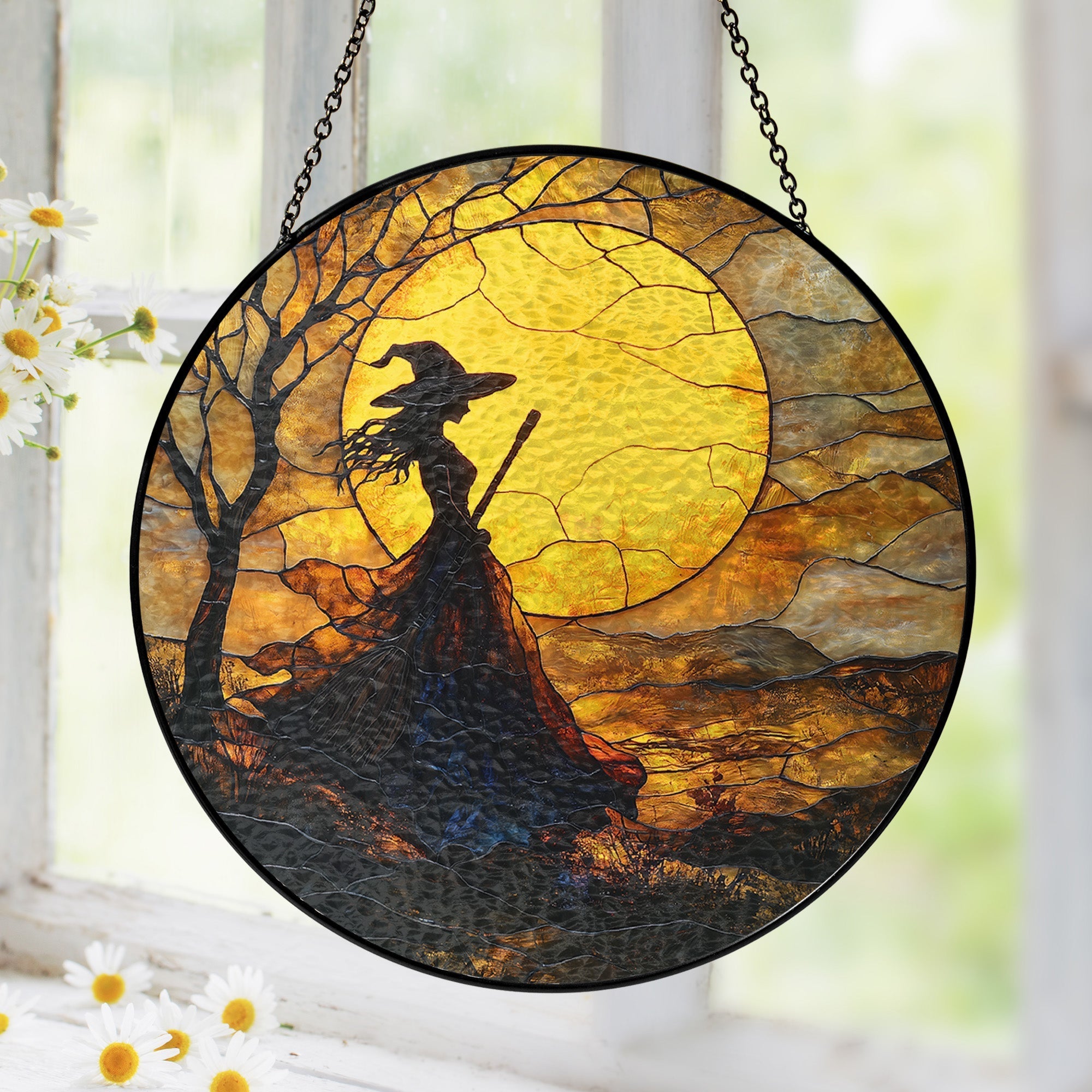 Halloween Witch Stained Glass Suncatcher – Handmade Colorful Window Decor. Ideal Spooky Gift for Witchcraft Fans