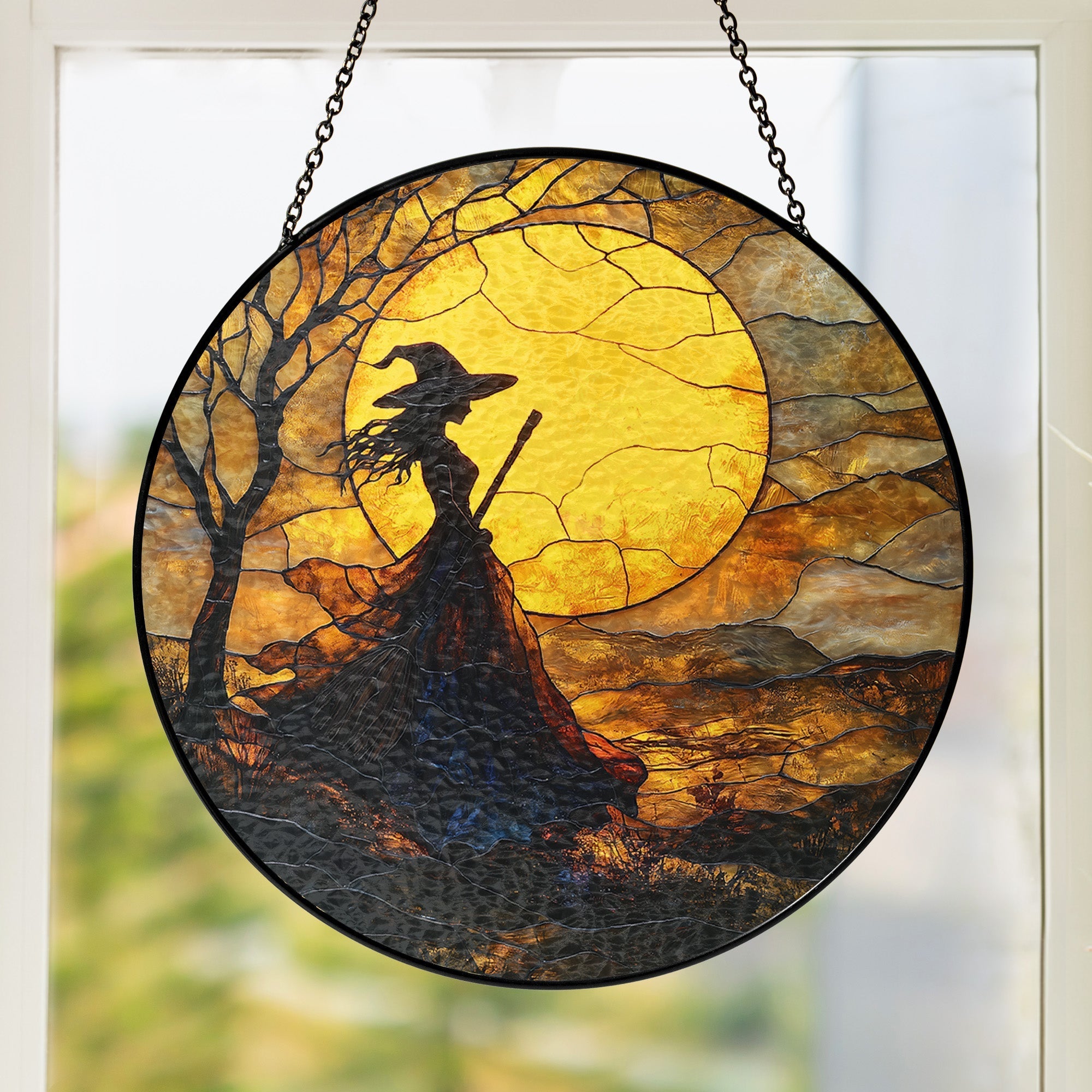 Halloween Witch Stained Glass Suncatcher – Handmade Colorful Window Decor. Ideal Spooky Gift for Witchcraft Fans