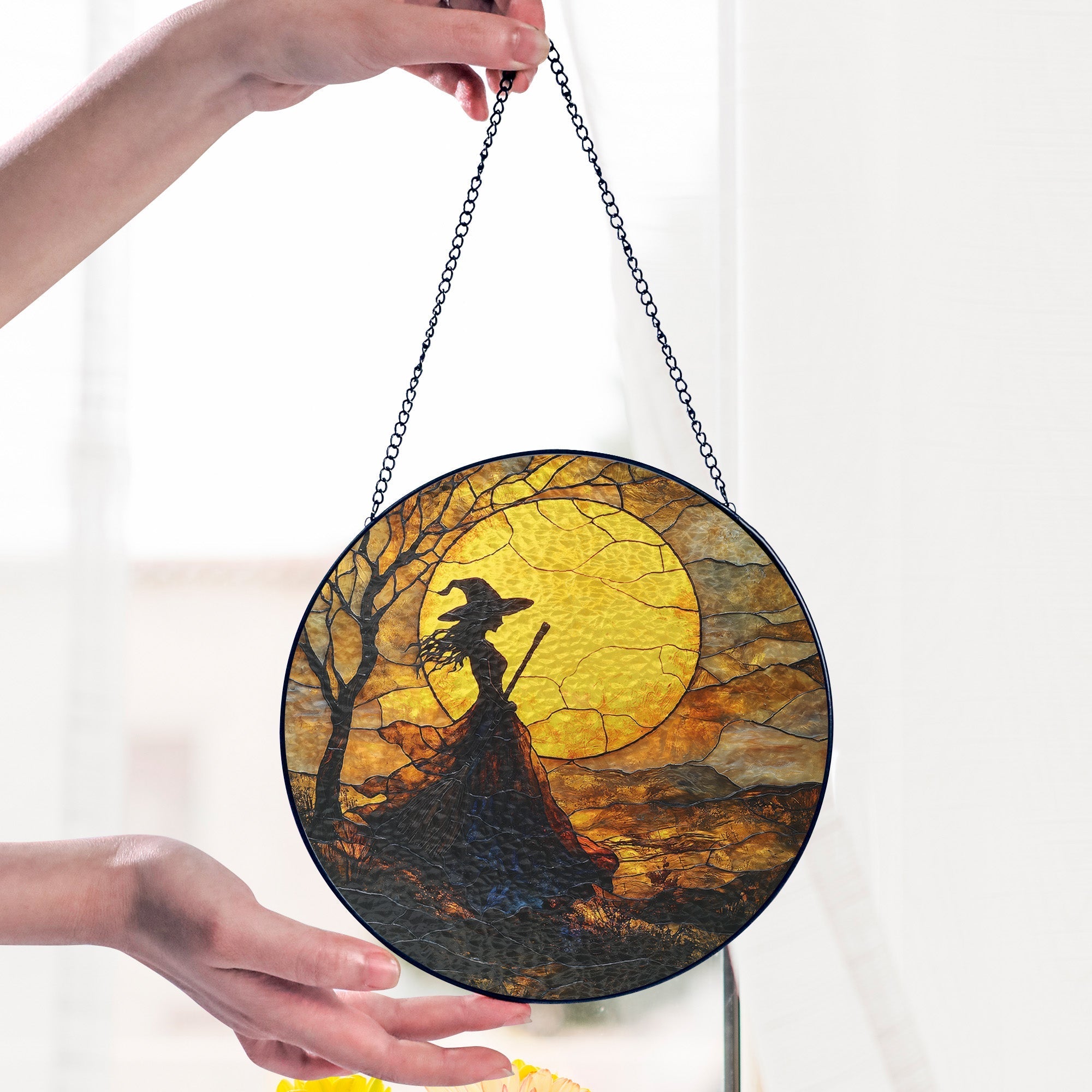 Halloween Witch Stained Glass Suncatcher – Handmade Colorful Window Decor. Ideal Spooky Gift for Witchcraft Fans