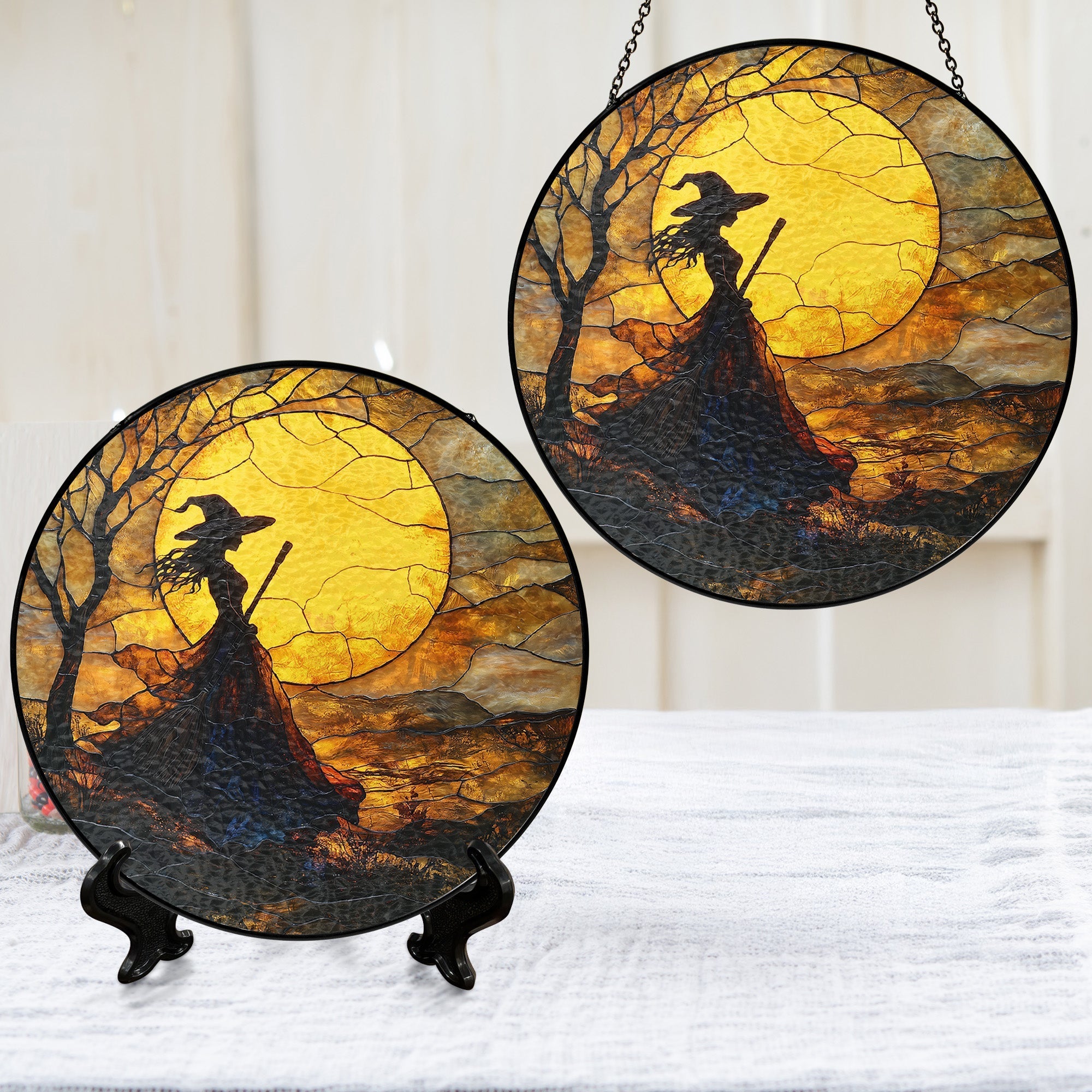Halloween Witch Stained Glass Suncatcher – Handmade Colorful Window Decor. Ideal Spooky Gift for Witchcraft Fans