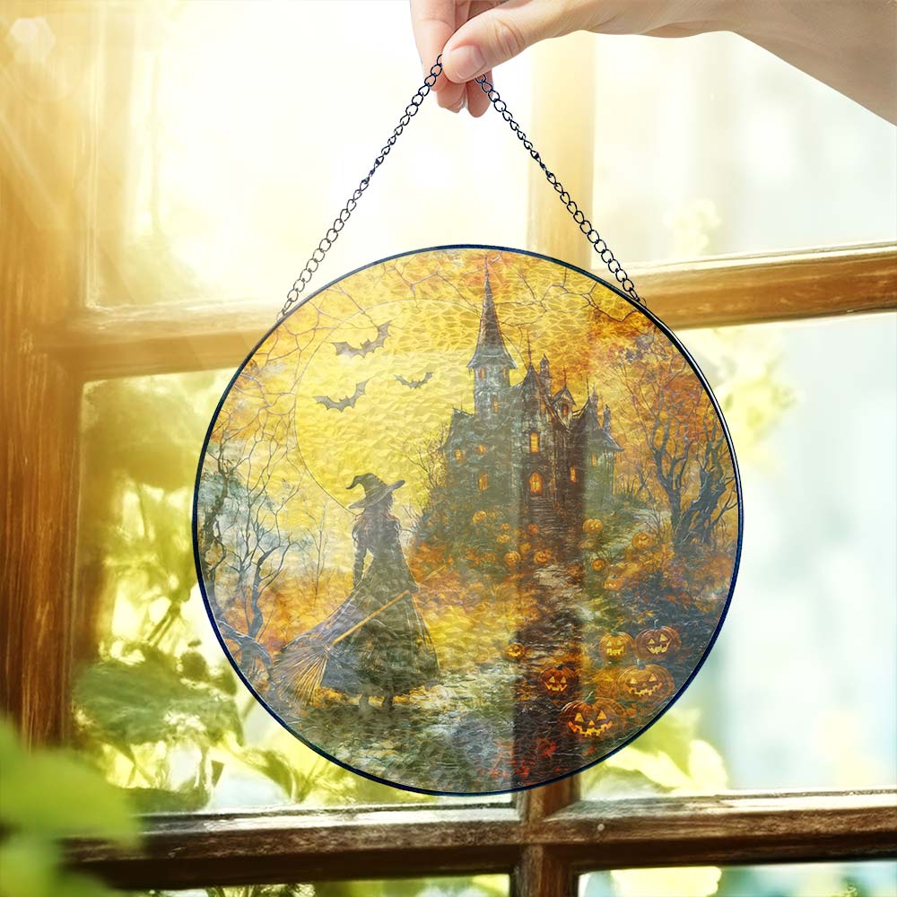 Halloween Stained Glass Suncatcher - Spooky Witch Window Hanging for Home Decor