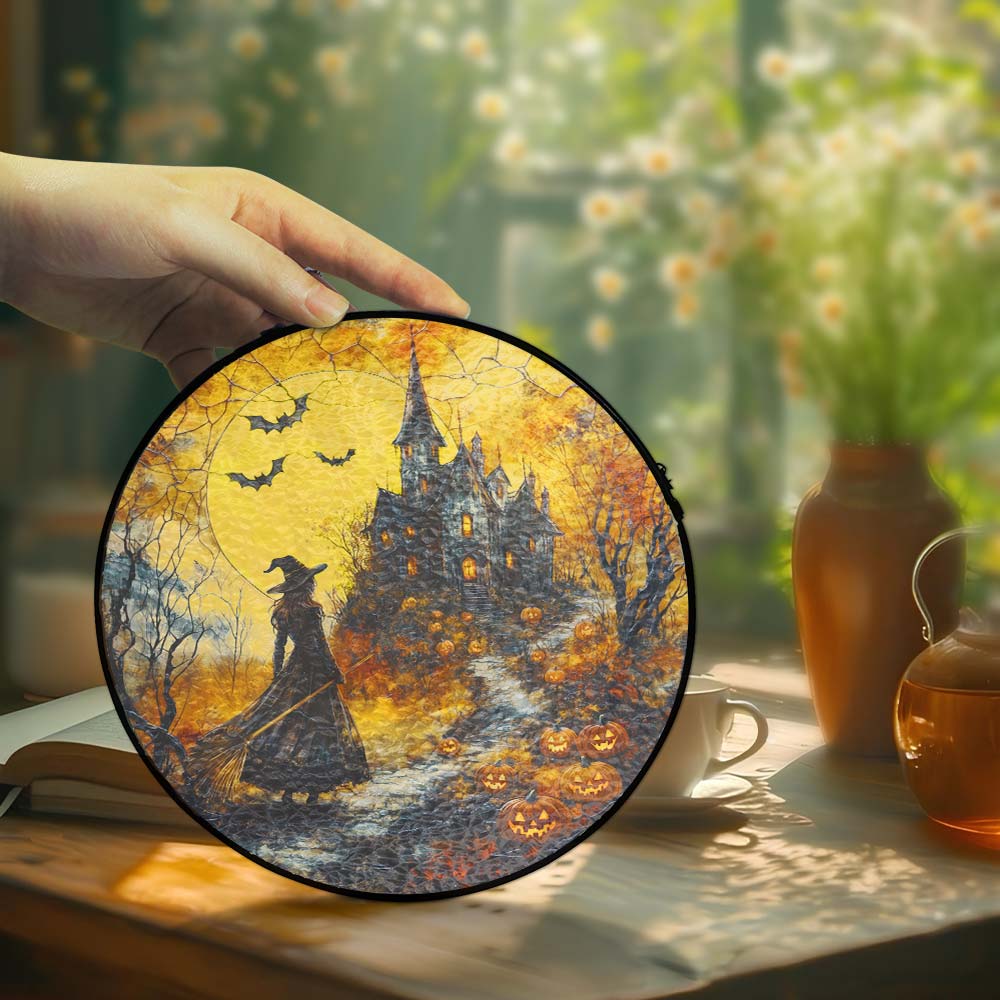 Halloween Stained Glass Suncatcher - Spooky Witch Window Hanging for Home Decor