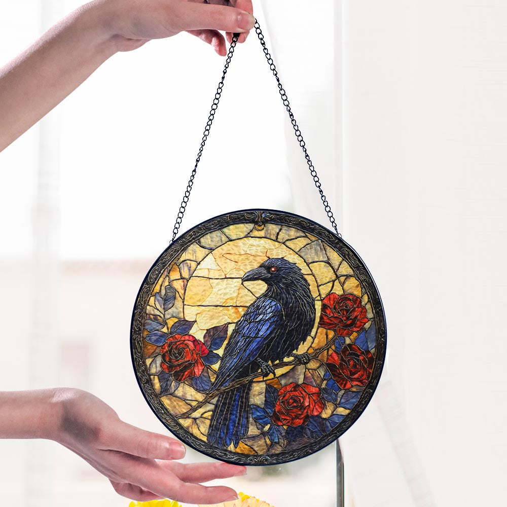 Halloween Stained Glass Suncatcher - Gothic Crow Window Hanging for Spooky Ambiance