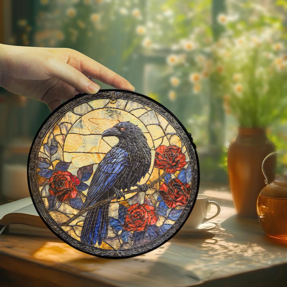 Halloween Stained Glass Suncatcher - Gothic Crow Window Hanging for Spooky Ambiance