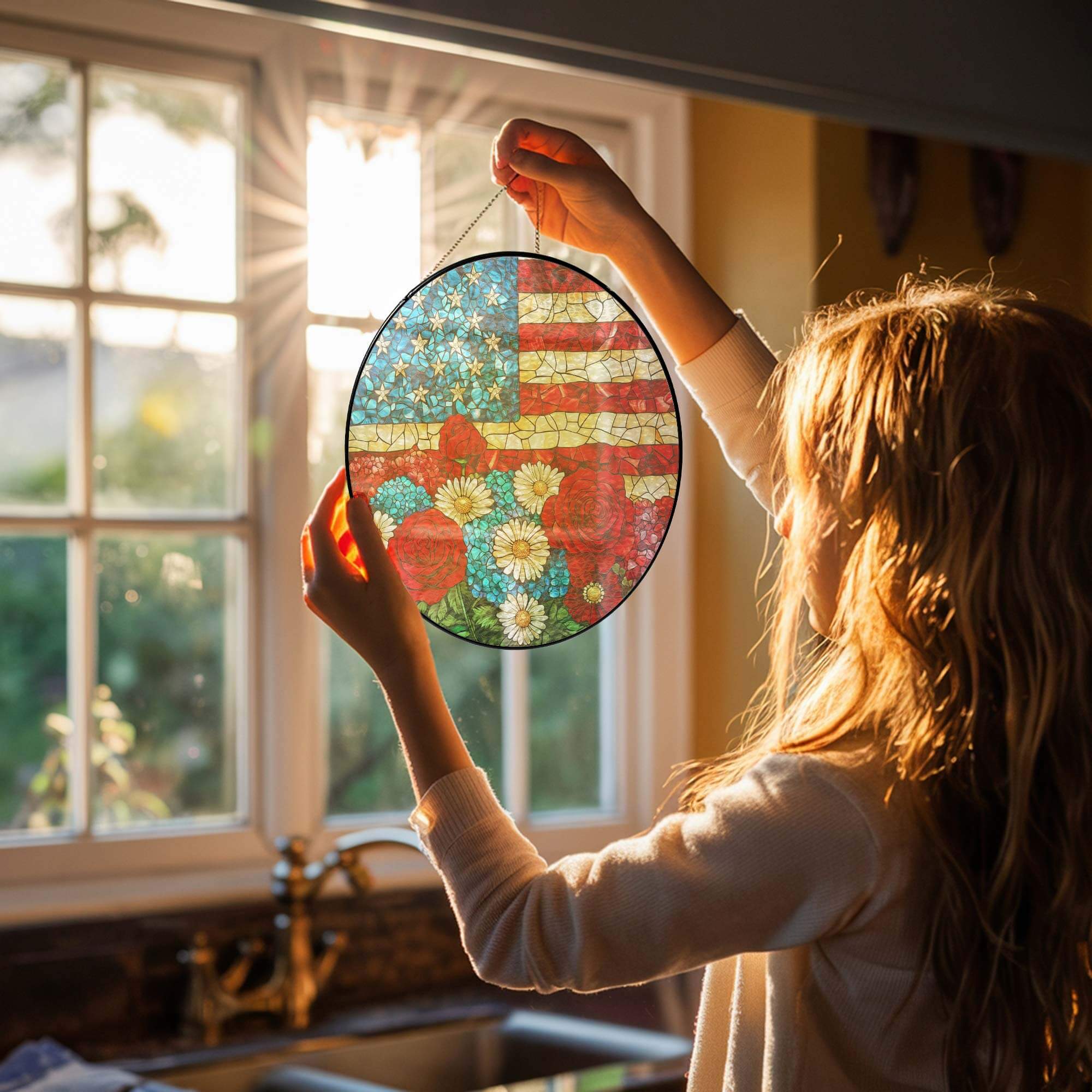 Flagwix American Flag - Patriotic Floral USA Flag Stained Glass Suncatcher Window Decor