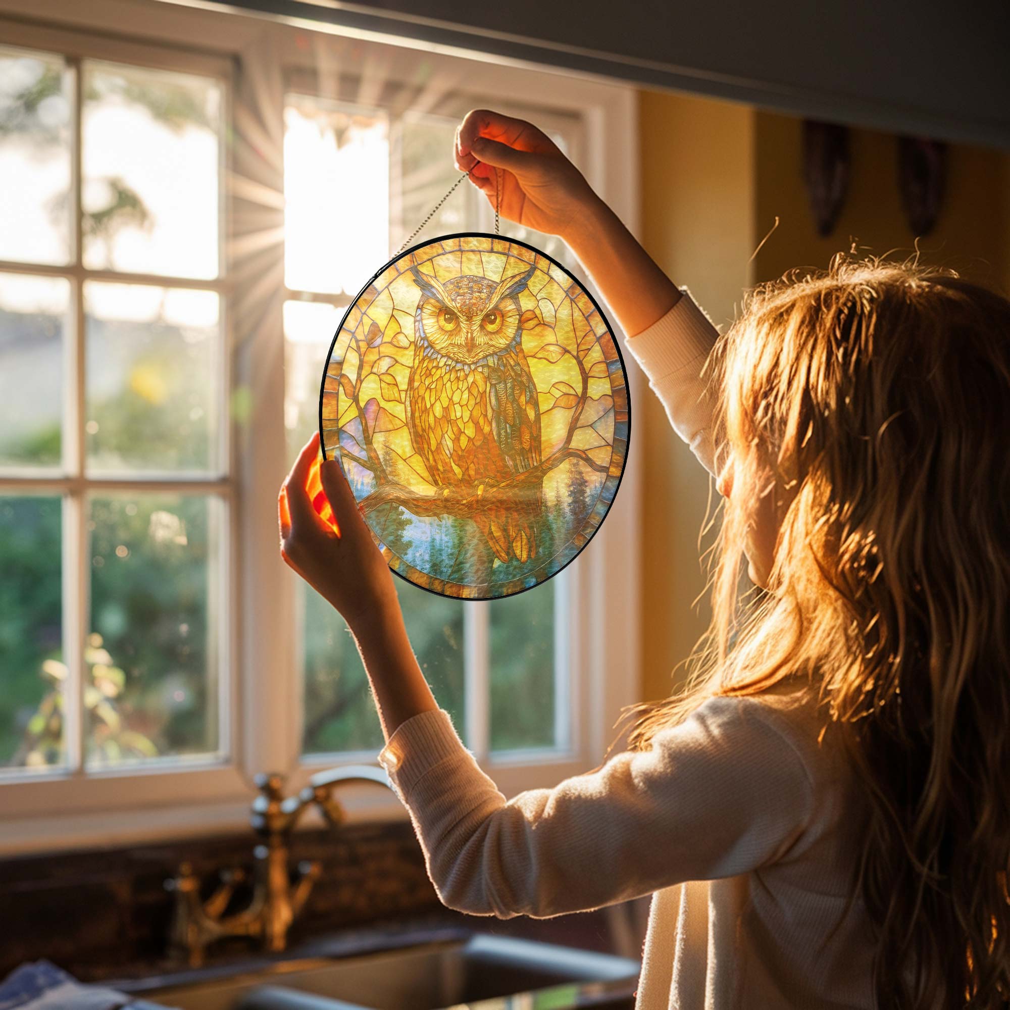 Owl Stained Glass Suncatcher Window Hanging