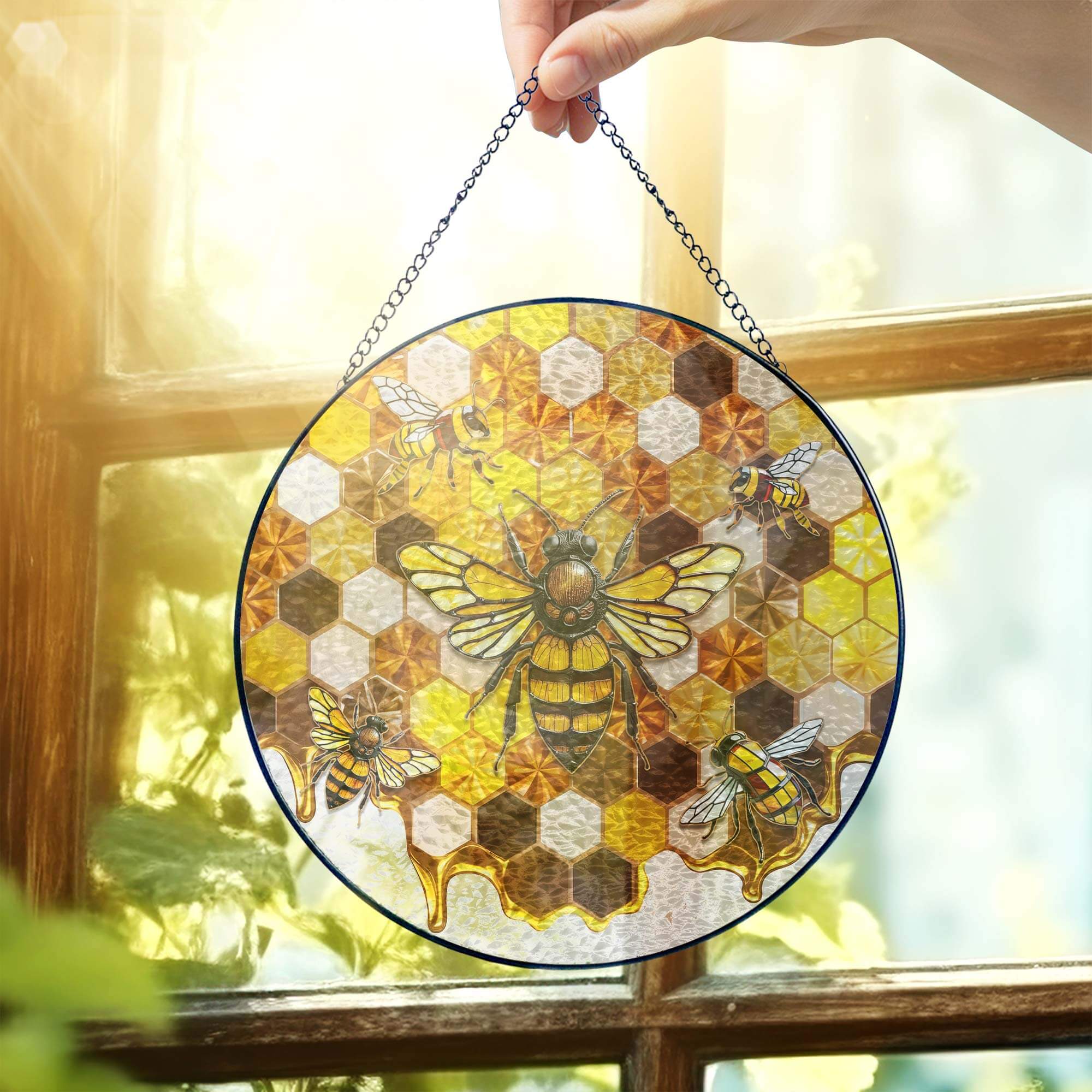 Honeycomb Bee Stained Glass Suncatcher