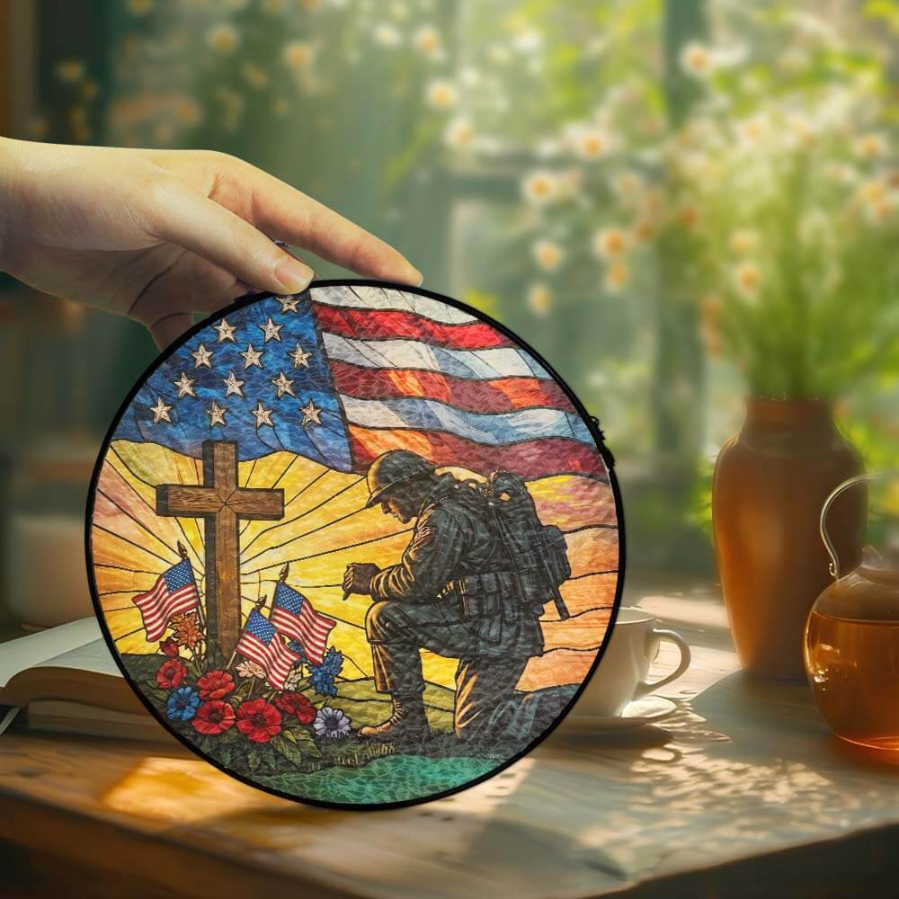 Patriotic Kneeling Soldier Memorial Day Veteran Day Stained Glass Suncatcher