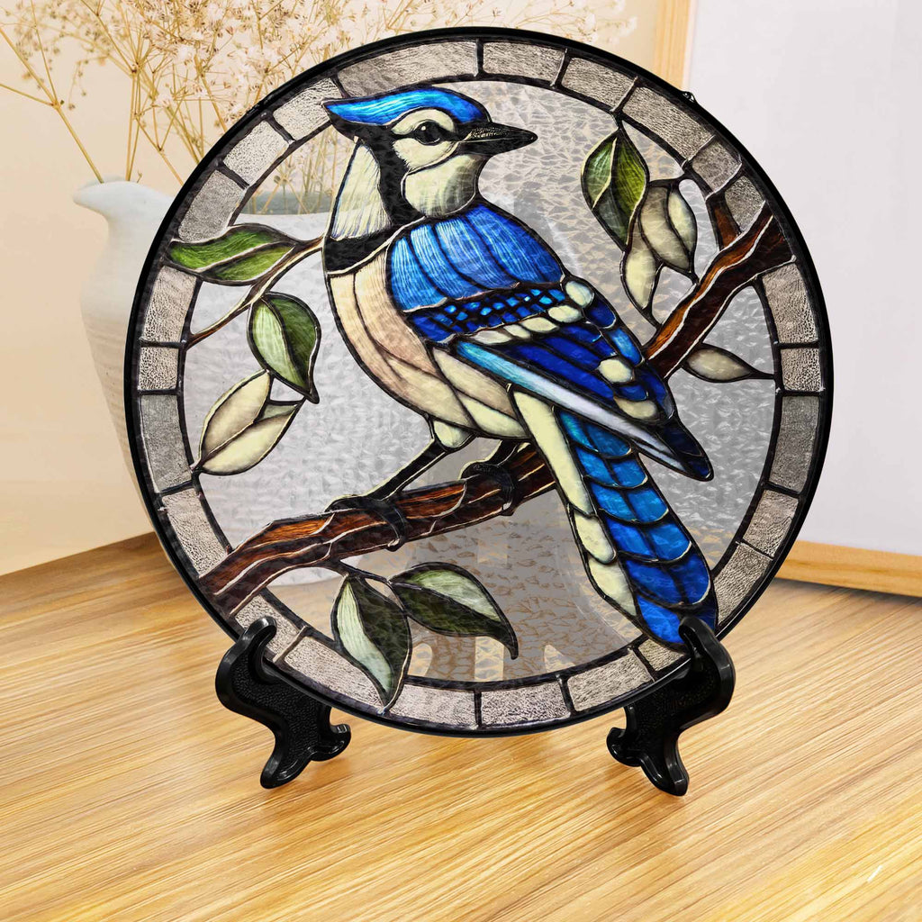 Blue Jay Birdwatching Stained Glass Suncatcher