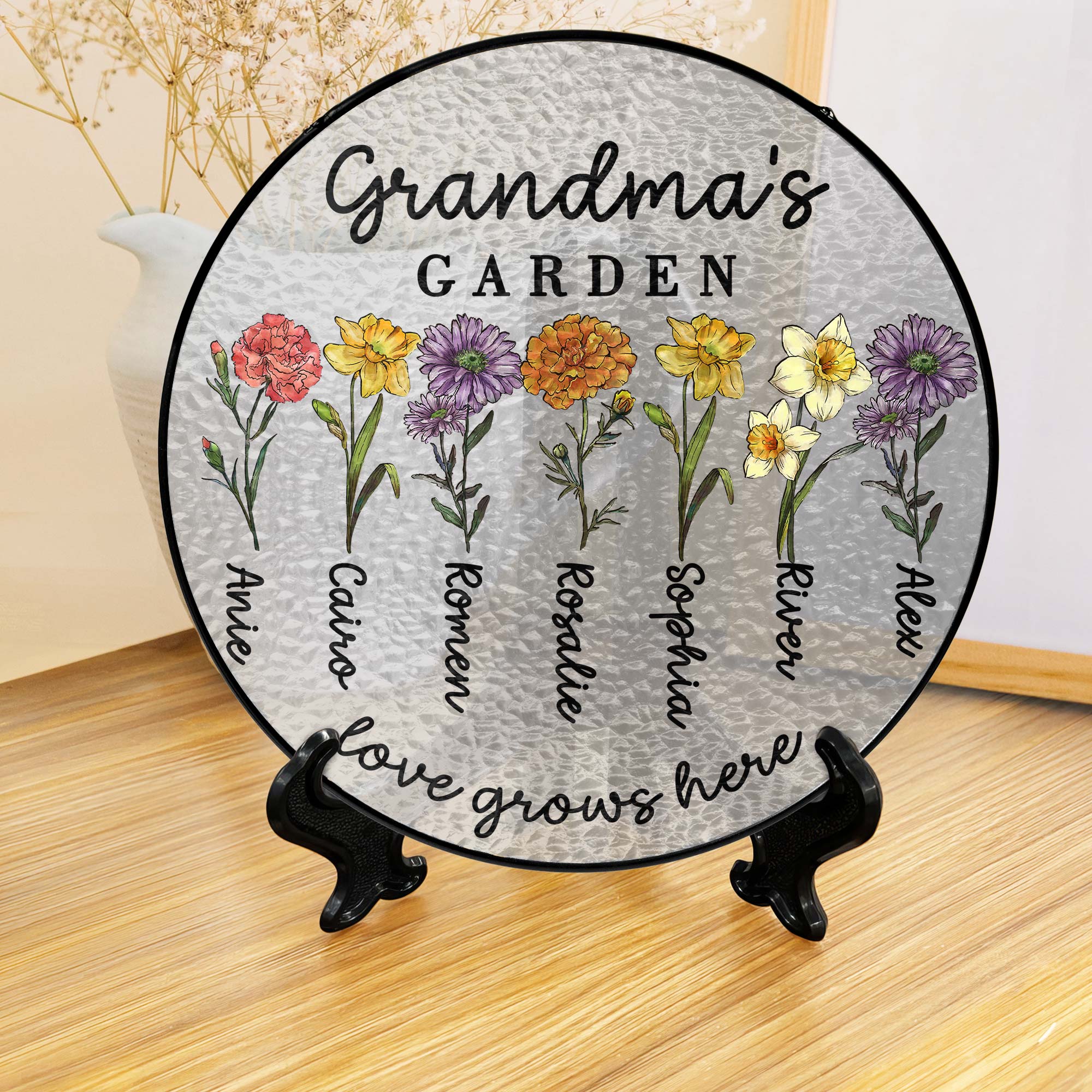 Custom Family Birth Flowers Glass Suncatcher. Personalized Grandma's Garden Gift